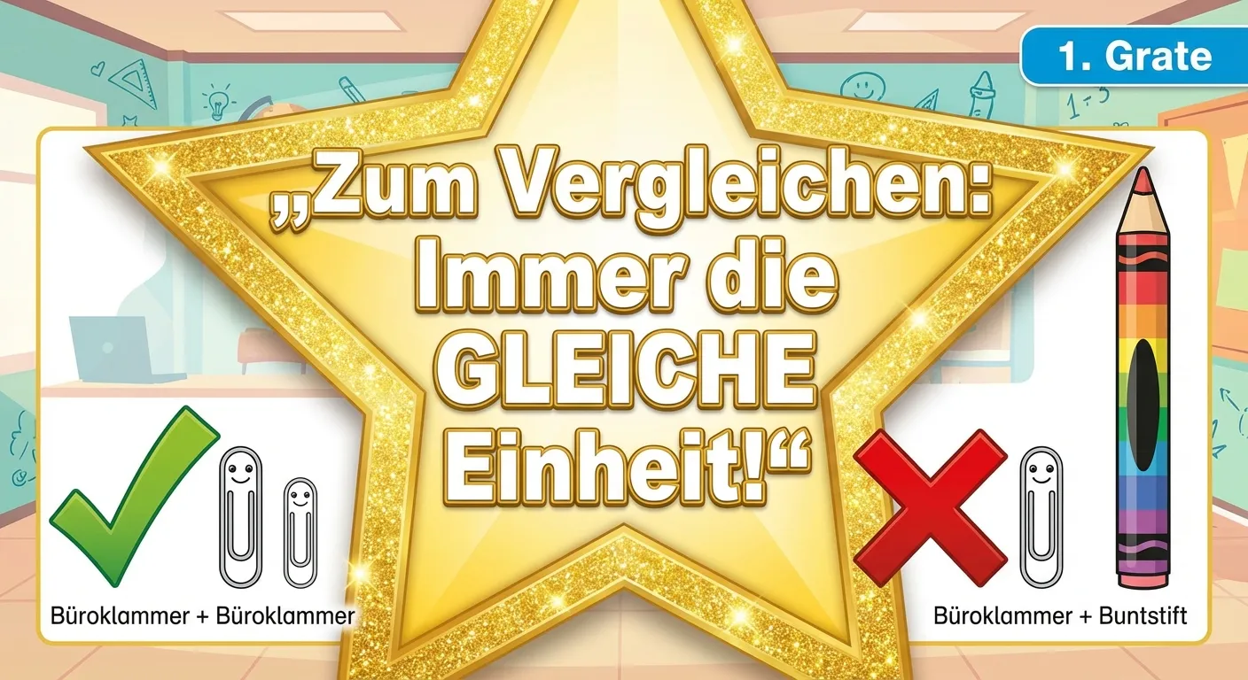Zeige die wichtigste Regel in einer auffälligen Darstellung.

**Aufbau:**
- Ein großer goldener Stern oder Rahmen
- Text im Stern: „Zum Vergleichen: Immer die GLEICHE Einheit!“
- Darunter zwei Beispiele:
  - ✓ Richtig: Büroklammer + Büroklammer
  - ✗ Falsch: Büroklammer + Buntstift

**Gestaltung:**
- Auffälliger goldener Stern
- Große, wichtige Schrift
- Grünes Häkchen und rotes X
- Kinderfreundlich für 1. Klasse