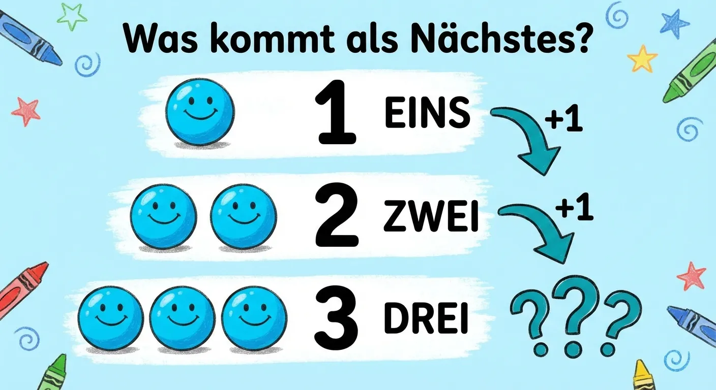 Erstelle eine übersichtliche Darstellung zum +1 Muster mit bunten Bällen.

**Aufbau:**
- Reihe 1: 1 blauer Ball, Zahl 1 daneben
- Pfeil nach unten mit „+1“
- Reihe 2: 2 blaue Bälle, Zahl 2 daneben
- Pfeil nach unten mit „+1“
- Reihe 3: 3 blaue Bälle, Zahl 3 daneben
- Fragezeichen für die nächste Reihe

**Gestaltung:**
- Bunte, fröhliche Bälle
- Große, klar lesbare Zahlen
- Pfeile zeigen die Verbindung
- Überschrift: „Was kommt als Nächstes?“
- Kinderfreundlicher Stil für 1. Klasse