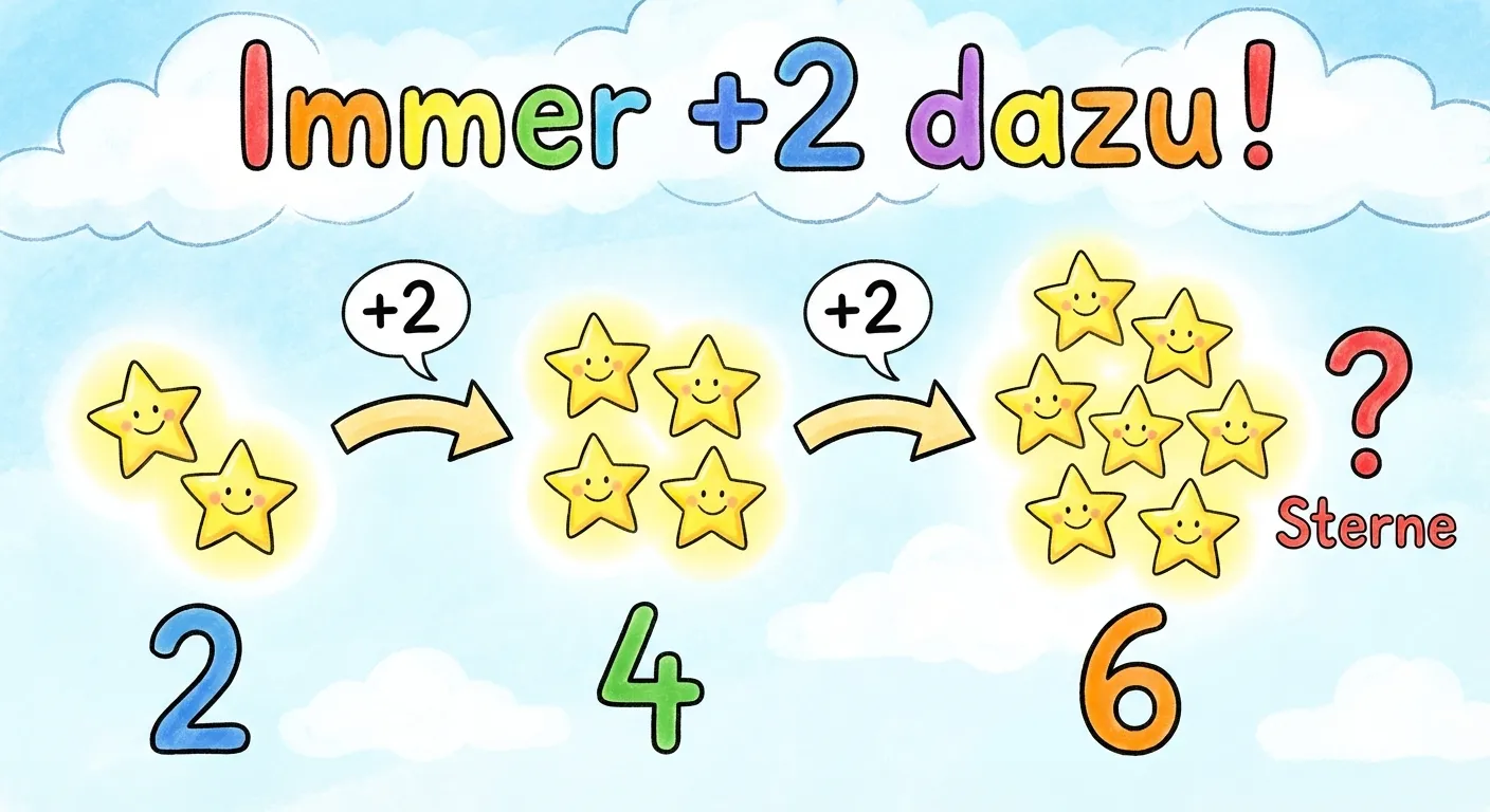 Erstelle eine bunte Darstellung zum +2 Muster mit gelben Sternen.

**Aufbau horizontal:**
- Links: 2 gelbe Sterne, Zahl 2 darunter
- Pfeil nach rechts mit „+2“
- Mitte: 4 gelbe Sterne, Zahl 4 darunter
- Pfeil nach rechts mit „+2“
- Rechts: 6 gelbe Sterne, Zahl 6 darunter
- Fragezeichen: „? Sterne“

**Gestaltung:**
- Leuchtend gelbe Sterne
- Große, klar lesbare Zahlen
- Deutliche Pfeile mit „+2“
- Überschrift: „Immer +2 dazu!“
- Heller Hintergrund
- Kinderfreundlicher Stil für 1. Klasse