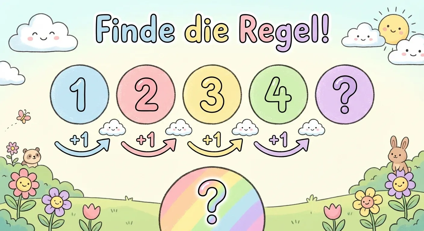Erstelle eine kindgerechte Übungsdarstellung.

**Aufbau:**
- Oben: Überschrift „Finde die Regel!“
- Mitte: 5 bunte Kreise in einer Reihe
- In den Kreisen stehen: 1, 2, 3, 4, ?
- Unter jedem Kreis kleine Pfeile mit „+1“
- Unten: Fragezeichen in einem bunten Kreis

**Gestaltung:**
- Bunte Kreise (verschiedene Pastellfarben)
- Große, klar lesbare Zahlen in den Kreisen
- Freundlicher, einladender Stil
- Kinderfreundlich für 1. Klasse