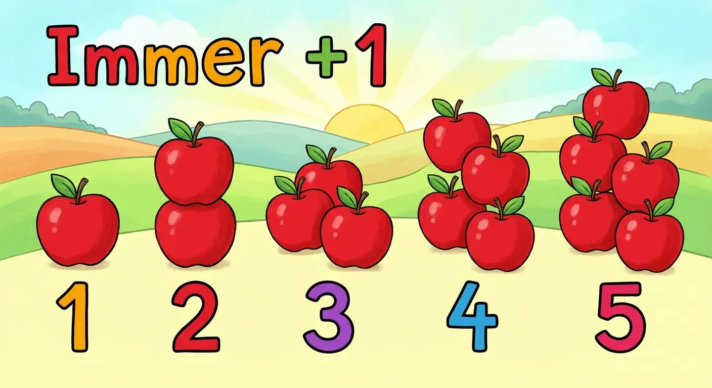 Erstelle eine bunte Darstellung einer Zahlenfolge mit Äpfeln.

**Aufbau von links nach rechts:**
- 1 roter Apfel, darunter die Zahl 1
- 2 rote Äpfel, darunter die Zahl 2
- 3 rote Äpfel, darunter die Zahl 3
- 4 rote Äpfel, darunter die Zahl 4
- 5 rote Äpfel, darunter die Zahl 5

**Gestaltung:**
- Große, klar erkennbare Äpfel
- Zahlen groß und klar lesbar darunter
- Heller, freundlicher Hintergrund
- Kinderfreundlicher Stil für 1. Klasse
- Überschrift: „Immer +1“