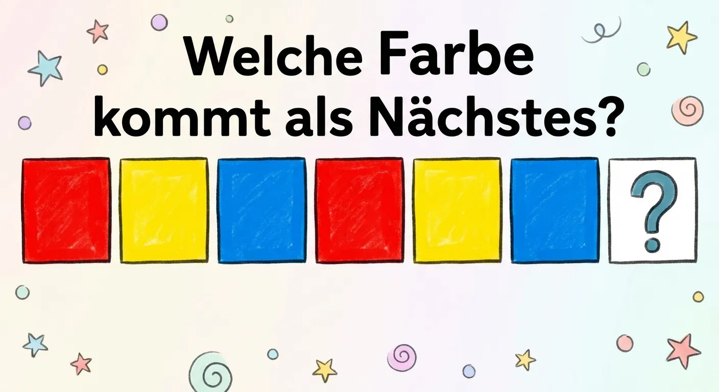 Erstelle eine bunte Darstellung eines Farbmusters mit Quadraten.

**Aufbau horizontal:**
- Rotes Quadrat
- Gelbes Quadrat
- Blaues Quadrat
- Rotes Quadrat
- Gelbes Quadrat
- Blaues Quadrat
- Fragezeichen

**Gestaltung:**
- Große, gleichgroße Quadrate
- Leuchtende Farben: Rot, Gelb, Blau
- Überschrift: „Welche Farbe kommt als Nächstes?“
- Heller Hintergrund
- Kinderfreundlicher Stil für 1. Klasse