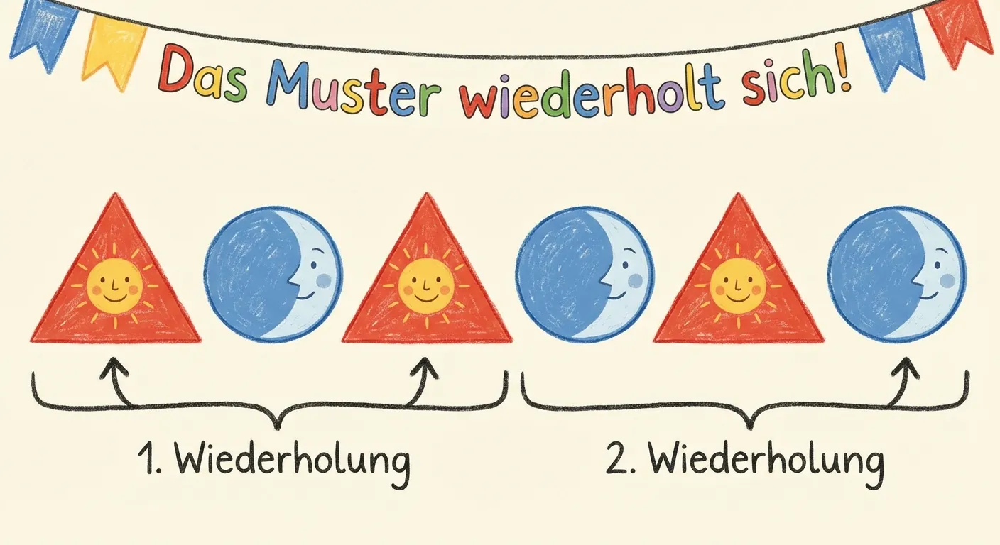 Erstelle eine kindgerechte Darstellung eines einfachen Formen-Musters.

**Aufbau horizontal:**
- Rotes Dreieck
- Blauer Kreis
- Rotes Dreieck
- Blauer Kreis
- Rotes Dreieck
- Blauer Kreis

**Gestaltung:**
- Große, klar erkennbare Formen
- Kräftige, bunte Farben (rot und blau)
- Überschrift: „Das Muster wiederholt sich!“
- Pfeile oder Klammern zeigen die Wiederholung
- Heller Hintergrund
- Kinderfreundlicher Stil für 1. Klasse