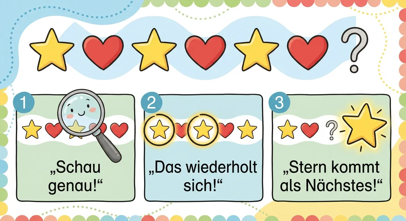 Erstelle eine kindgerechte Schritt-für-Schritt Anleitung.

**Aufbau:**
- Oben: Muster aus Stern, Herz, Stern, Herz, Stern, Herz, Fragezeichen
- Darunter drei Schritte mit Bildern:
  - Schritt 1: Lupe über die Formen, Text: „Schau genau!“
  - Schritt 2: Stern und Herz eingekreist, Text: „Das wiederholt sich!“
  - Schritt 3: Fragezeichen wird zu Stern, Text: „Stern kommt als Nächstes!“

**Gestaltung:**
- Gelbe Sterne, rote Herzen
- Große, klar lesbare Beschriftung
- Nummerierte Schritte (1, 2, 3)
- Freundliche, einladende Farben
- Kinderfreundlicher Stil für 1. Klasse