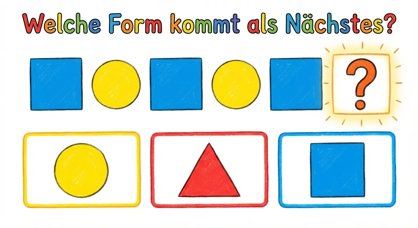 Erstelle eine kindgerechte Übungsdarstellung.

**Aufbau:**
- Überschrift: „Welche Form kommt als Nächstes?“
- Muster: Blaues Quadrat, Gelber Kreis, Blaues Quadrat, Gelber Kreis, Blaues Quadrat, Fragezeichen
- Darunter drei Antwortmöglichkeiten: Gelber Kreis, Rotes Dreieck, Blaues Quadrat
- Jede Antwort in einer bunten Box

**Gestaltung:**
- Große, klar erkennbare Formen
- Leuchtende Farben
- Fragezeichen deutlich sichtbar
- Kinderfreundlicher Stil für 1. Klasse