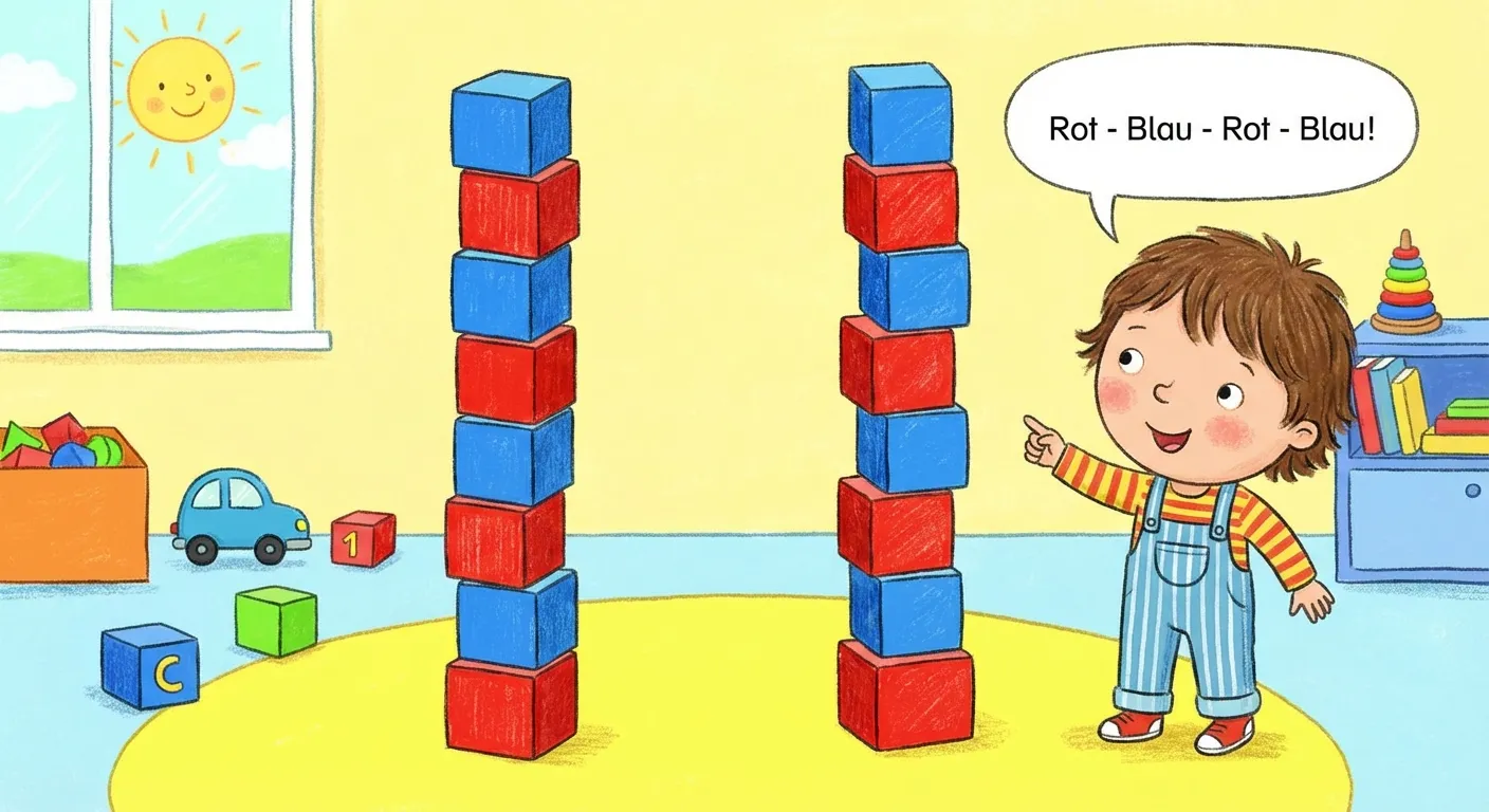 Erstelle eine kindgerechte Darstellung eines Bauklötze-Turms.

**Aufbau:**
- Ein Turm aus 8 Bauklötzen übereinander
- Farbreihenfolge von unten nach oben: Rot, Blau, Rot, Blau, Rot, Blau, Rot, Blau
- Daneben ein Kind, das den Turm anschaut
- Sprechblase: „Rot - Blau - Rot - Blau!“

**Gestaltung:**
- Bunte, klar erkennbare Bauklötze
- Einfaches, niedliches Kind
- Fröhliche Farben
- Kinderfreundlicher Stil für 1. Klasse
