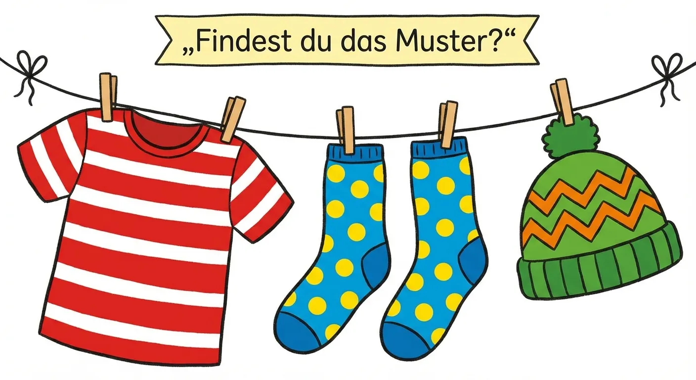 Erstelle eine kindgerechte Darstellung von Mustern auf Kleidung.

**Aufbau von links nach rechts:**
- T-Shirt mit horizontalen Streifen (rot-weiß-rot-weiß)
- Socken mit Punkten (blau mit gelben Punkten)
- Mütze mit Zickzack-Muster (grün-orange-grün-orange)

**Gestaltung:**
- Drei niedliche Kleidungsstücke
- Klar erkennbare Muster
- Leuchtende, fröhliche Farben
- Überschrift: „Findest du das Muster?“
- Kinderfreundlicher Stil für 1. Klasse