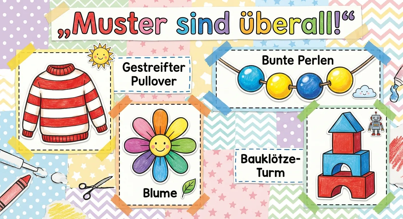 Erstelle eine kindgerechte Collage mit Mustern aus dem Alltag.

**Aufbau:**
- Überschrift: „Muster sind überall!“
- Vier Bereiche mit Beispielen:
  - Oben links: Gestreifter Pullover (rot-weiß-rot-weiß)
  - Oben rechts: Bunte Perlen auf einer Schnur (blau-gelb-blau-gelb)
  - Unten links: Blume mit Blütenblättern im Kreis
  - Unten rechts: Bauklötze-Turm (rot-blau-rot-blau)

**Gestaltung:**
- Bunte, fröhliche Darstellung
- Vier klar getrennte Bereiche
- Jeder Bereich zeigt ein Alltagsbeispiel
- Kinderfreundlicher, einladender Stil für 1. Klasse