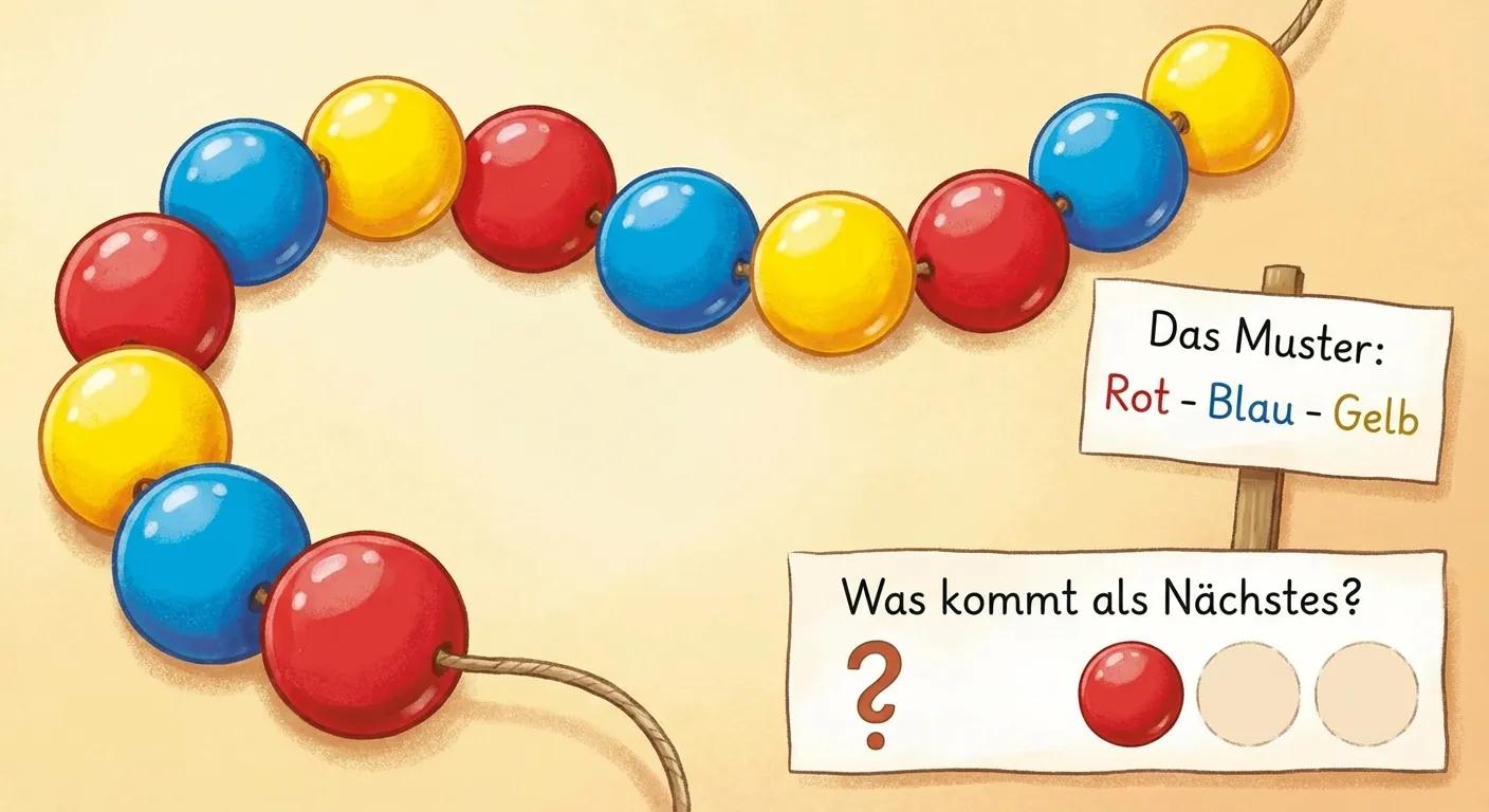 Erstelle eine kindgerechte Darstellung einer Perlenkette mit Muster.

**Aufbau:**
- Eine gebogene Schnur mit bunten Perlen
- Perlen in Reihenfolge: Rot, Blau, Gelb, Rot, Blau, Gelb, Rot, Blau, Gelb
- Neben der Kette: „Das Muster: Rot - Blau - Gelb“
- Unten: „Was kommt als Nächstes?“ mit Fragezeichen

**Gestaltung:**
- Runde, glänzende Perlen
- Kräftige Farben: Rot, Blau, Gelb
- Freundliche, einladende Darstellung
- Kinderfreundlicher Stil für 1. Klasse