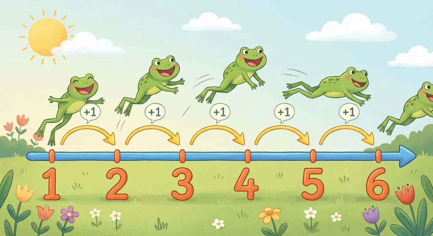 Zeige vorwärts zählen mit einem Zahlenstrahl.

**Aufbau:**
- Zahlenstrahl von 1 bis 6
- Kleine Hüpf-Pfeile über dem Strahl (von 1 zu 2, von 2 zu 3, usw.)
- Über jedem Pfeil steht 