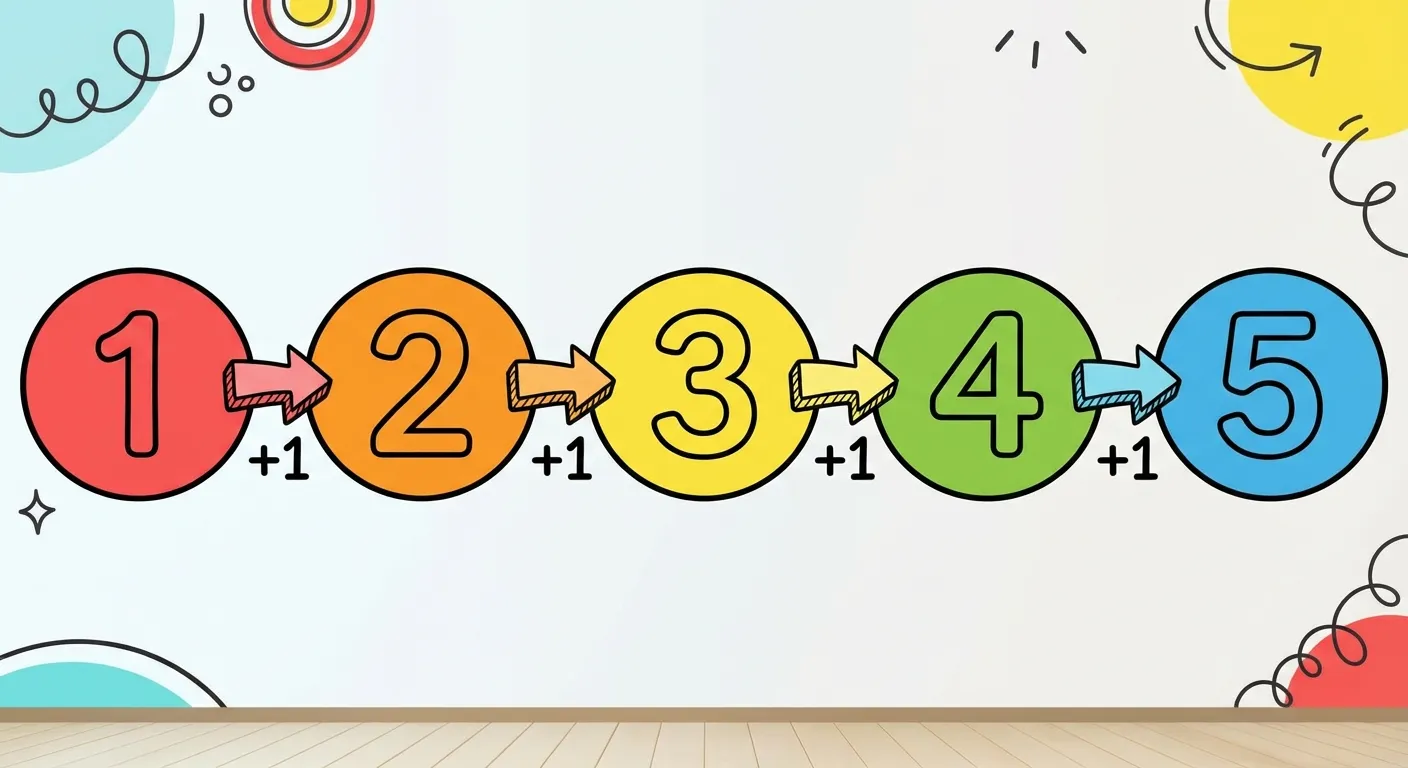 Erstelle eine bunte Zahlenreihe für Klasse 1.

**Aufbau:**
- Die Zahlen 1, 2, 3, 4, 5 in bunten Kreisen
- Jede Zahl in einem anderen farbigen Kreis (rot, orange, gelb, grün, blau)
- Zwischen den Zahlen kleine Pfeile mit 