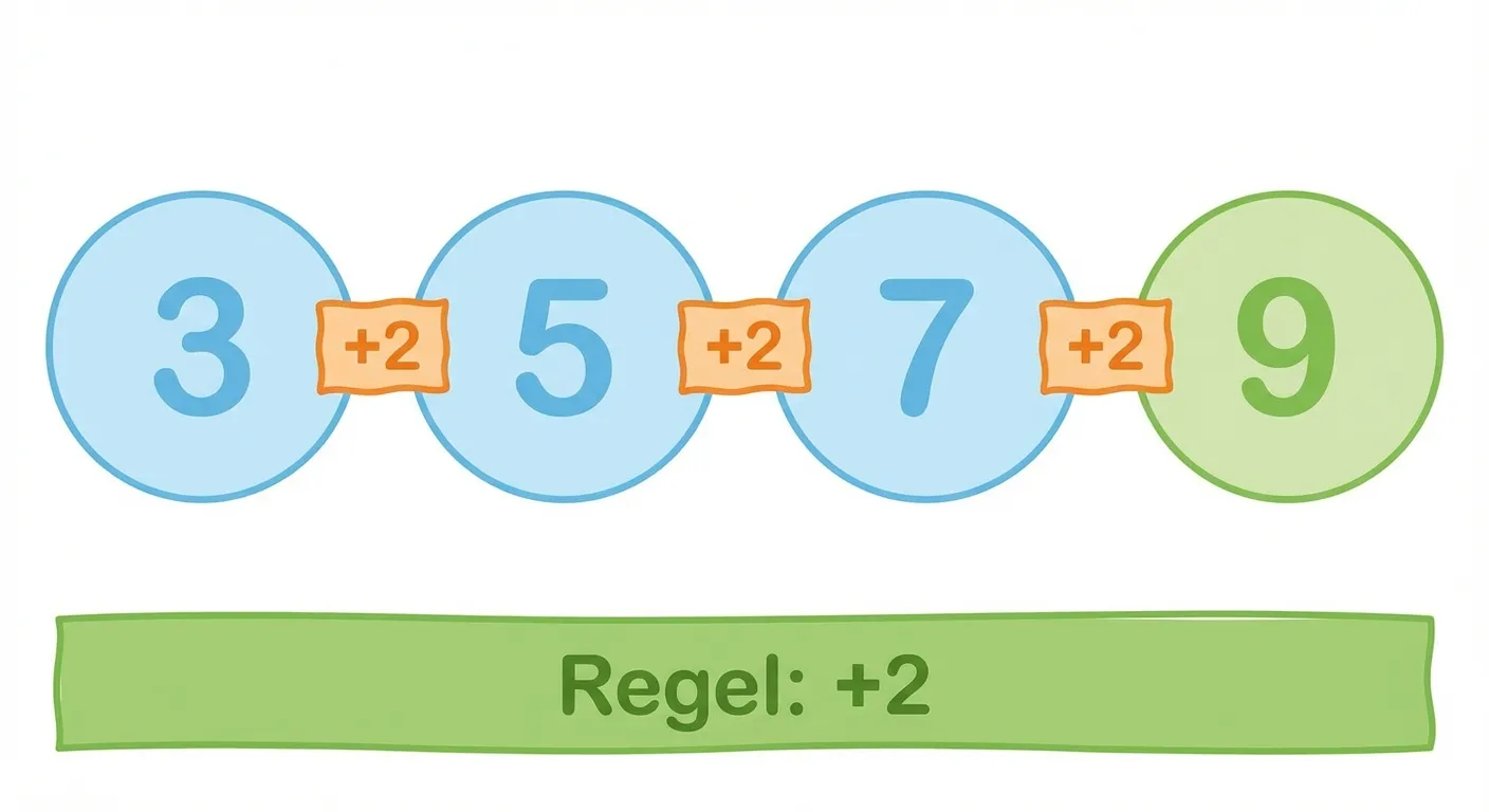 Zeige eine Zahlenreihe mit der Lösung für Klasse 1.

**Layout von links nach rechts:**
Vier große Kreise in einer Reihe, jeder Kreis enthält eine Zahl:
- Kreis 1: Die Zahl 
