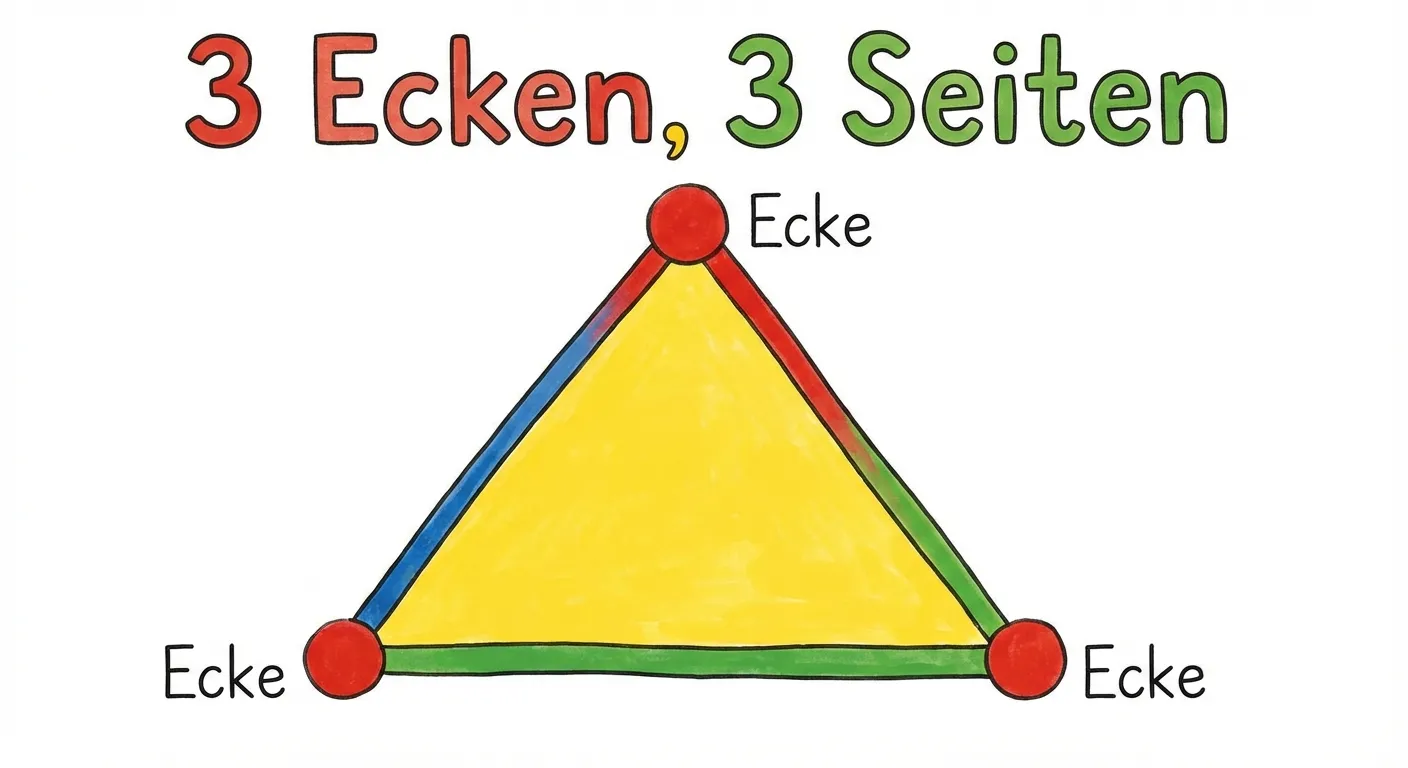 Zeige ein großes gelbes Dreieck in der Mitte.

**Aufbau:**
- Die drei Ecken sind mit roten Punkten markiert
- Neben jeder Ecke steht: „Ecke“
- Die drei Seiten sind farbig hervorgehoben
- Oben steht: „3 Ecken, 3 Seiten“

**Gestaltung:**
- Große, deutliche Darstellung
- Klare Beschriftungen
- Kinderfreundlicher Stil für 1. Klasse