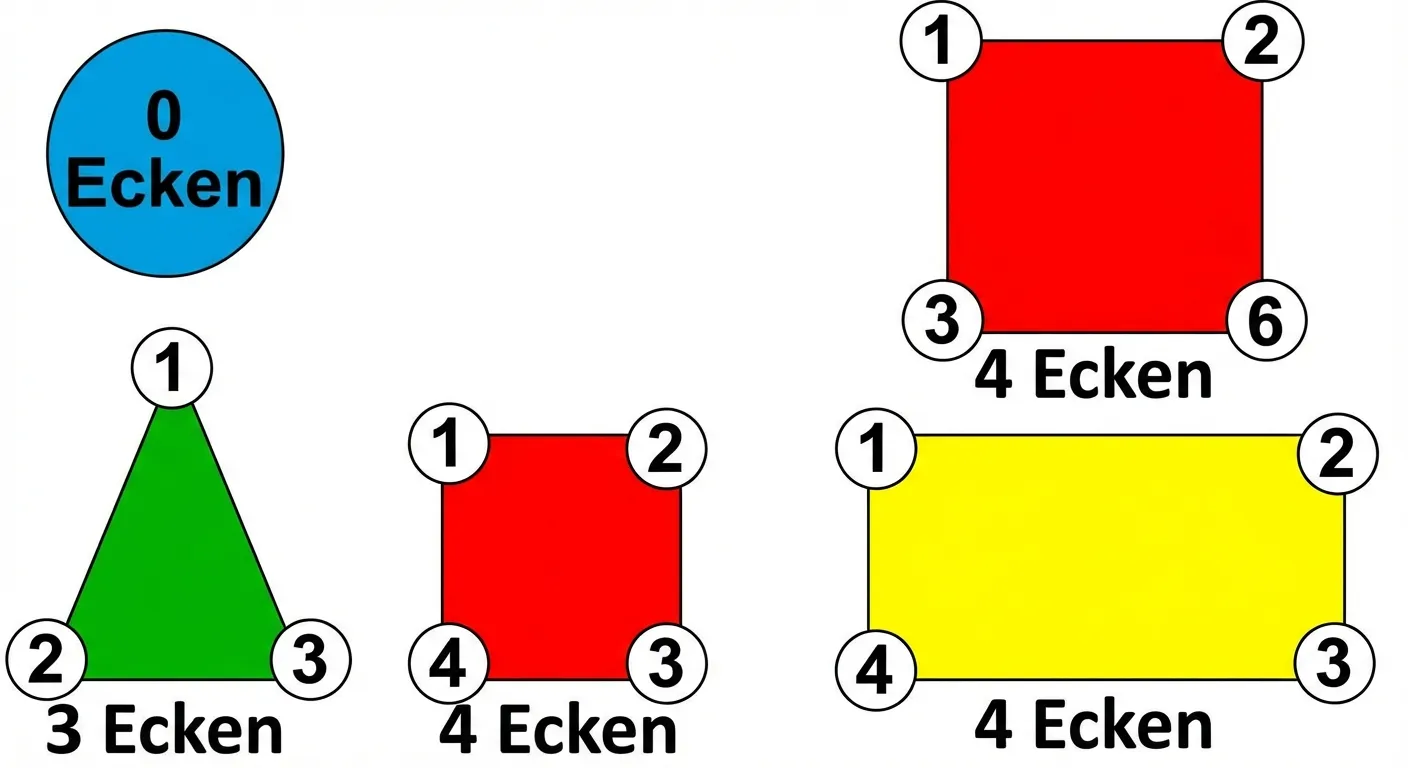 Zeige die vier Formen untereinander mit Eckenzählung.

**Aufbau:**
- Kreis mit Text „0 Ecken“
- Dreieck mit nummerierten Ecken (1, 2, 3) und Text „3 Ecken“
- Quadrat mit nummerierten Ecken (1, 2, 3, 4) und Text „4 Ecken“
- Rechteck mit nummerierten Ecken (1, 2, 3, 4) und Text „4 Ecken“

**Gestaltung:**
- Jede Form in einer anderen Farbe
- Ecken deutlich mit Zahlen markiert
- Große, lesbare Zahlen
- Übersichtliches Layout
