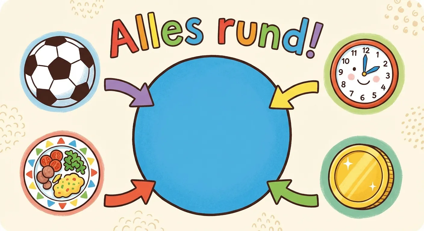 Zeige einen großen blauen Kreis in der Mitte.

**Drumherum:**
- Kleine Bilder von runden Gegenständen: ein Ball, eine Uhr, ein Teller, eine Münze
- Pfeile von den Gegenständen zum Kreis
- Überschrift: „Alles rund!“

**Gestaltung:**
- Fröhliche, bunte Farben
- Einfache, klare Darstellung
- Kinderfreundlicher Illustrationsstil