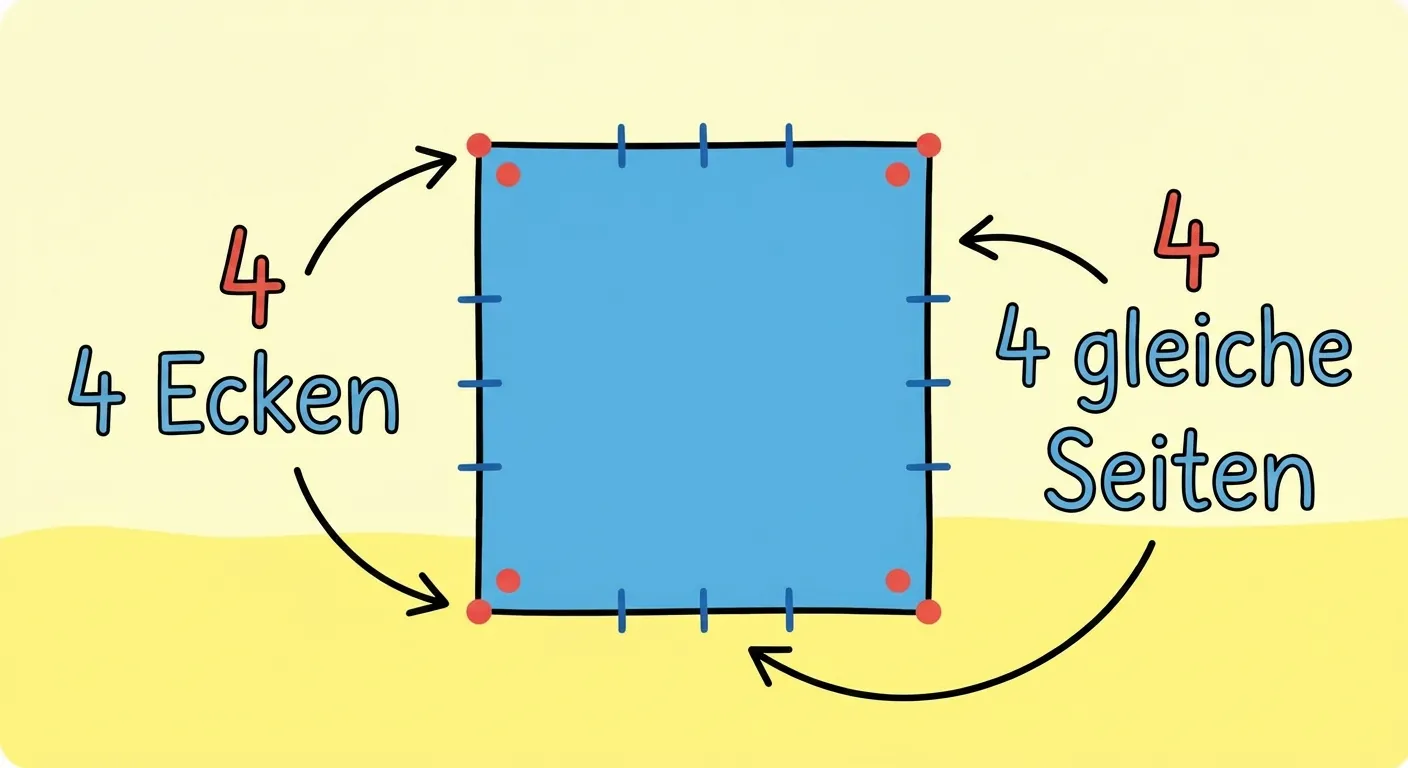 Zeige ein großes blaues Quadrat in der Mitte.

**Aufbau:**
- Alle vier Seiten sind gleich lang markiert (kleine Striche an jeder Seite)
- Die vier Ecken haben kleine rote Punkte
- Text: „4 Ecken“ und „4 gleiche Seiten“

**Gestaltung:**
- Klare, einfache Darstellung
- Große lesbare Beschriftungen
- Helle Farben
- Kinderfreundlich für 1. Klasse