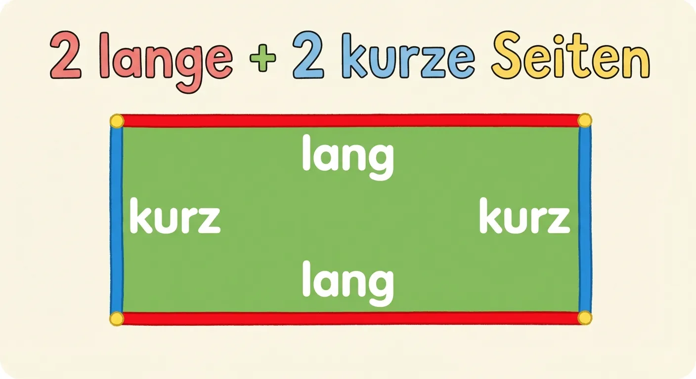 Zeige ein großes grünes Rechteck in der Mitte.

**Aufbau:**
- Die zwei langen Seiten sind rot markiert mit Text „lang“
- Die zwei kurzen Seiten sind blau markiert mit Text „kurz“
- Die vier Ecken haben kleine Punkte
- Überschrift: „2 lange + 2 kurze Seiten“

**Gestaltung:**
- Deutliche Unterscheidung der Seitenlängen
- Große lesbare Beschriftungen
- Helle Farben
- Kinderfreundlicher Stil