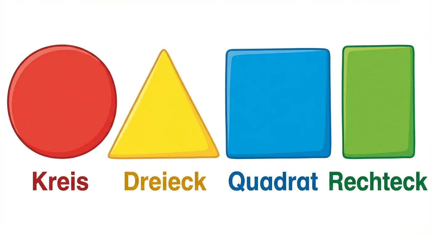 Zeige die vier Grundformen nebeneinander in einer Reihe.

**Aufbau von links nach rechts:**
- Ein roter Kreis mit Beschriftung „Kreis“
- Ein gelbes Dreieck mit Beschriftung „Dreieck“
- Ein blaues Quadrat mit Beschriftung „Quadrat“
- Ein grünes Rechteck mit Beschriftung „Rechteck“

**Gestaltung:**
- Große, klar erkennbare Formen
- Helle, freundliche Farben
- Große, klar lesbare Beschriftungen unter jeder Form
- Weißer Hintergrund
- Kinderfreundlicher, übersichtlicher Stil für 1. Klasse