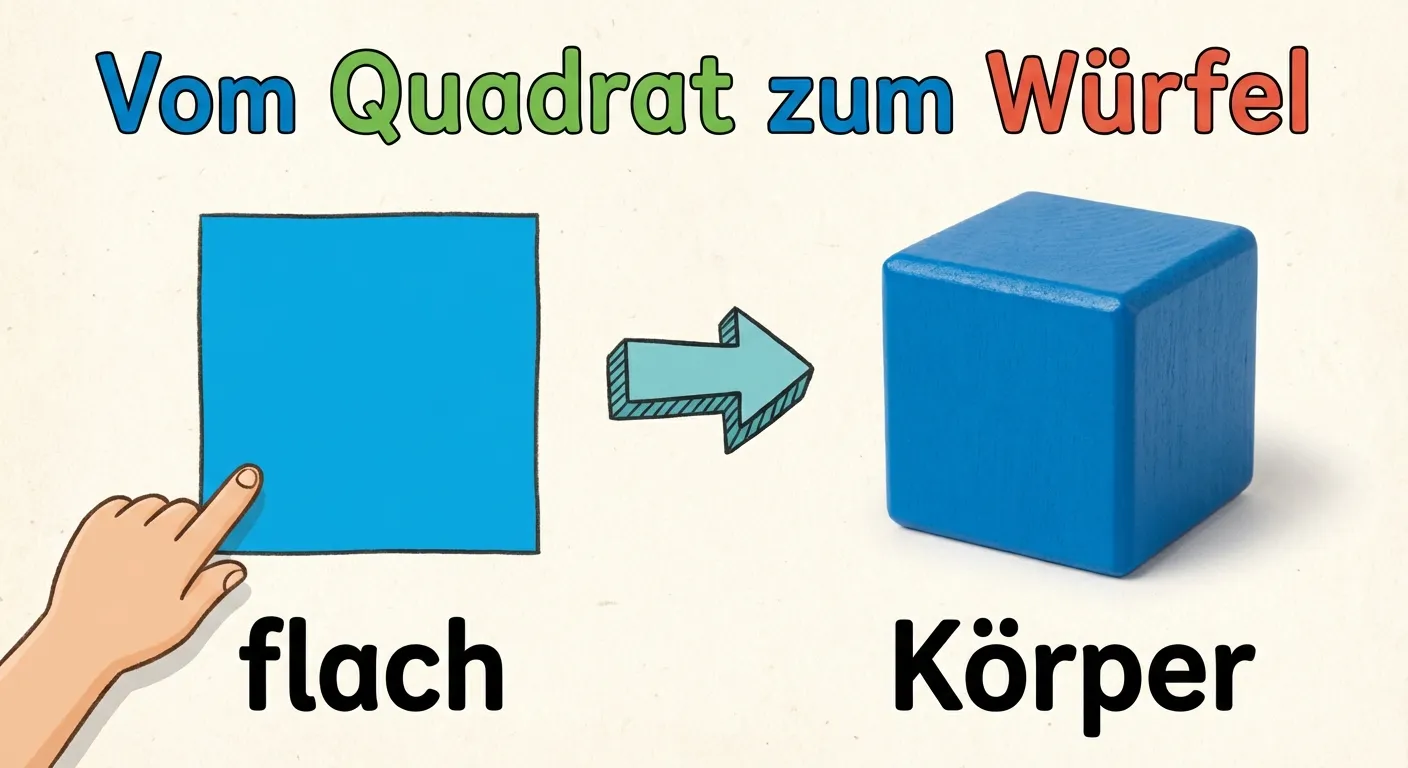 Zeige einen Vergleich zwischen 2D und 3D.

**Aufbau:**
- Links: Ein flaches blaues Quadrat auf Papier, Beschriftung „flach“
- Rechts: Ein blauer Würfel (3D), Beschriftung „Körper“
- Pfeil dazwischen
- Überschrift: „Vom Quadrat zum Würfel“

**Gestaltung:**
- Klare Unterscheidung zwischen 2D und 3D
- Einfache, kindgerechte Darstellung
- Helle, freundliche Farben
- Große lesbare Beschriftungen