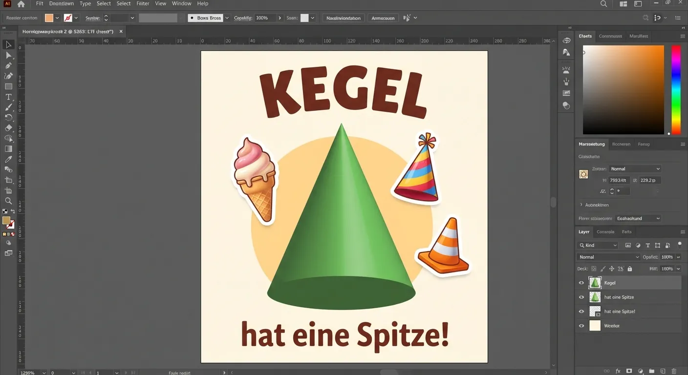 Zeige einen großen bunten Kegel in der Mitte.

**Aufbau:**
- Ein großer grüner Kegel mit Spitze oben
- Drumherum kleine Bilder: Eistüte, Partyhut, Verkehrskegel
- Text: „Kegel“
- Kleiner Text: „hat eine Spitze!“

**Gestaltung:**
- 3D-Darstellung des Kegels
- Die Spitze deutlich sichtbar
- Runde Grundfläche erkennbar
- Bunte, freundliche Farben
