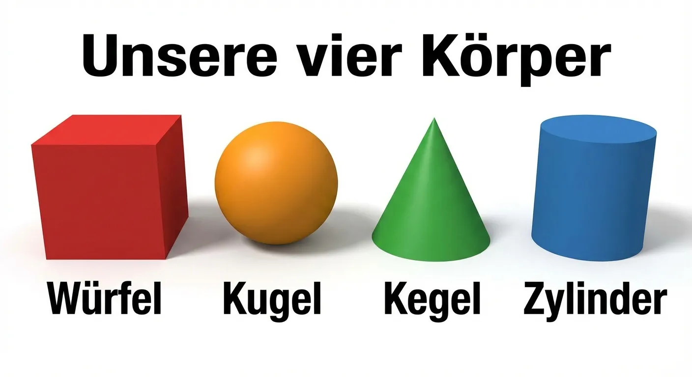 Zeige die vier Körper nebeneinander.

**Aufbau von links nach rechts:**
- Roter Würfel mit „Würfel“ darunter
- Orange Kugel mit „Kugel“ darunter
- Grüner Kegel mit „Kegel“ darunter
- Blauer Zylinder mit „Zylinder“ darunter
- Überschrift: „Unsere vier Körper“

**Gestaltung:**
- Alle Körper gleich groß dargestellt
- Klare 3D-Darstellung
- Jeder Körper in anderer Farbe
- Große lesbare Beschriftungen