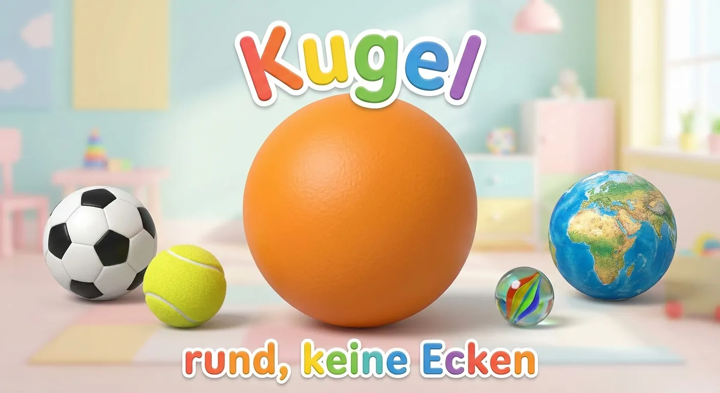 Zeige eine große bunte Kugel in der Mitte.

**Aufbau:**
- Eine große orange Kugel
- Drumherum kleine Bilder: Fußball, Tennisball, Murmel, Globus
- Text: „Kugel“
- Kleiner Text darunter: „rund, keine Ecken“

**Gestaltung:**
- Realistische 3D-Darstellung der Kugel
- Bunte Alltagsgegenstände
- Freundliche Farben
- Kinderfreundlicher Stil