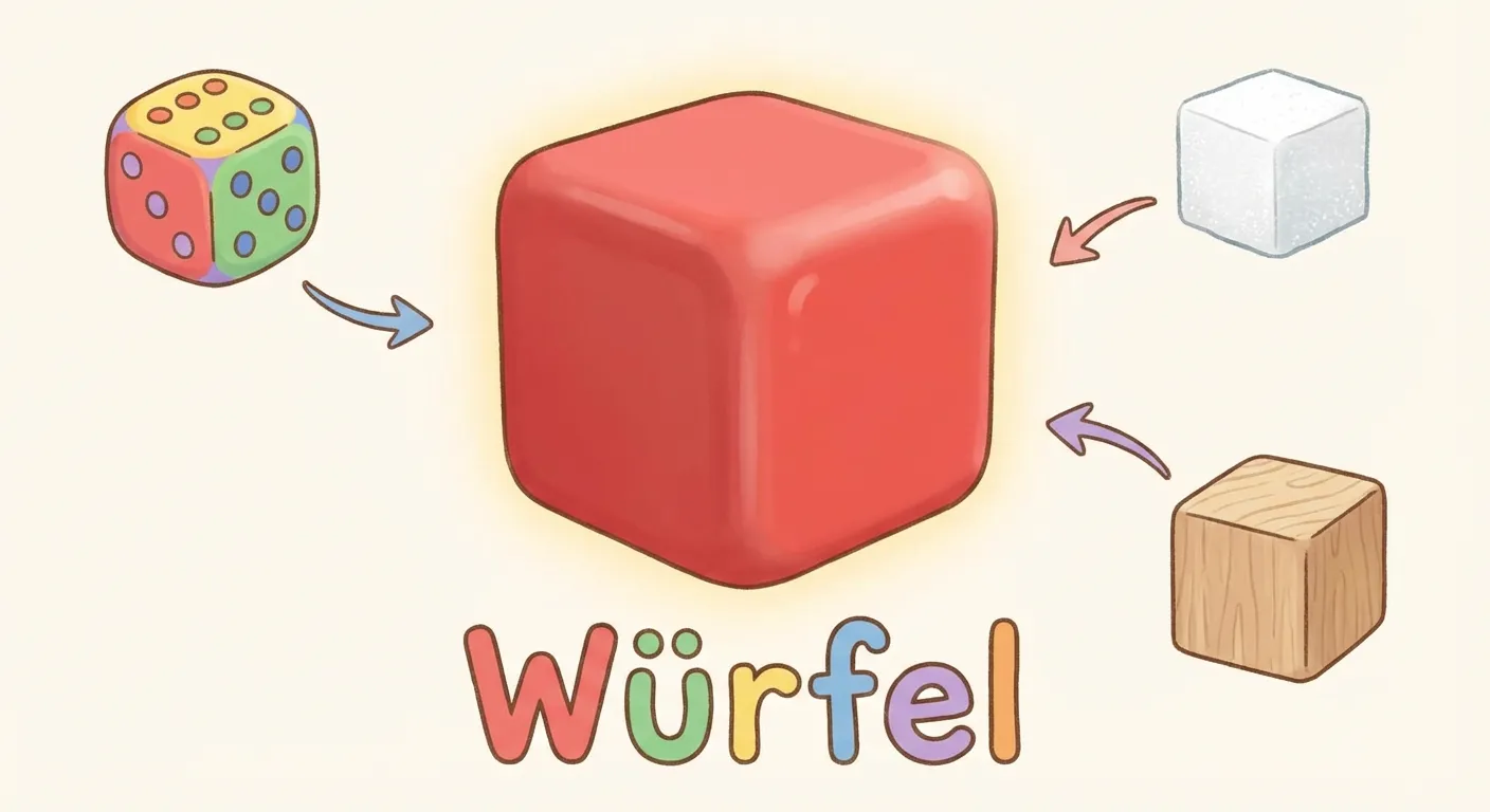 Zeige einen großen bunten Würfel in der Mitte.

**Aufbau:**
- Ein großer roter Würfel mit sichtbaren Kanten
- Drumherum kleine Bilder: Spielwürfel, Zuckerwürfel, Bauklotz
- Pfeile von den Bildern zum Würfel
- Text: „Würfel“

**Gestaltung:**
- 3D-Darstellung des Würfels
- Klare Kanten sichtbar
- Freundliche, bunte Farben
- Kinderfreundlicher Illustrationsstil