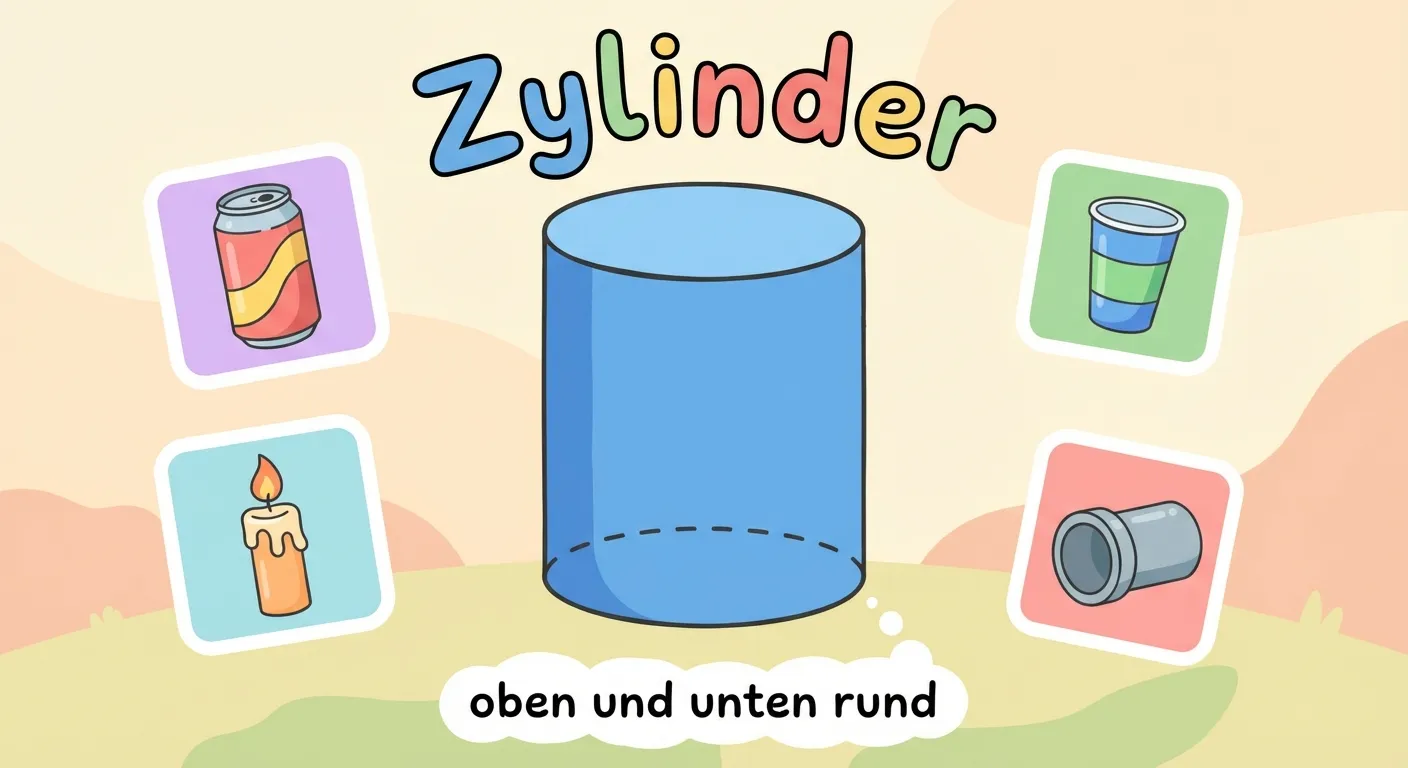 Zeige einen großen Zylinder in der Mitte.

**Aufbau:**
- Ein großer blauer Zylinder
- Drumherum kleine Bilder: Dose, Kerze, Becher, Rohr
- Text: „Zylinder“
- Kleiner Text: „oben und unten rund“

**Gestaltung:**
- 3D-Darstellung des Zylinders
- Runde Flächen oben und unten sichtbar
- Bunte, freundliche Farben
- Kinderfreundlicher Illustrationsstil