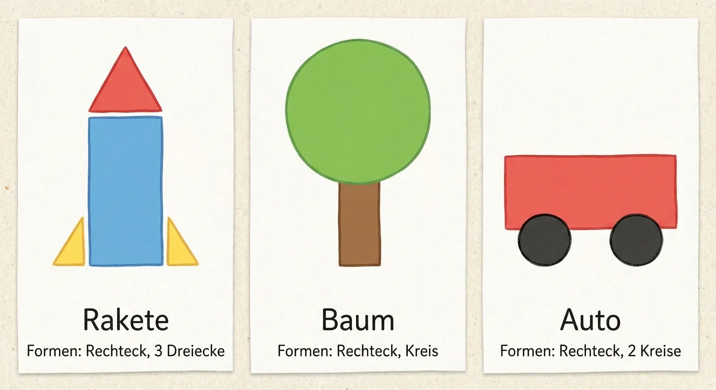 Zeige drei einfache Bilder aus Grundformen.

**Aufbau nebeneinander:**
1. Eine Rakete: Rechteck + Dreieck oben + 2 kleine Dreiecke unten
2. Ein Baum: Rechteck (Stamm) + Kreis (Krone)
3. Ein Auto: Rechteck + 2 Kreise (Räder)

**Unter jedem Bild:**
- Name des Bildes
- Aufzählung der verwendeten Formen

**Gestaltung:**
- Bunte, einfache Formen
- Klare Darstellung
- Kinderfreundlicher Stil