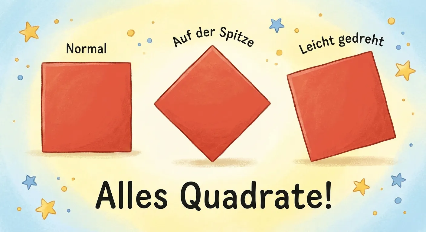 Zeige dieselbe Form in verschiedenen Positionen.

**Aufbau:**
- Ein rotes Quadrat in normaler Position
- Dasselbe rote Quadrat auf der Spitze stehend (wie eine Raute)
- Dasselbe rote Quadrat leicht gedreht
- Text: „Alles Quadrate!“

**Gestaltung:**
- Alle drei Quadrate in derselben roten Farbe
- Gleiche Größe
- Deutliche Darstellung
- Kinderfreundlicher Stil