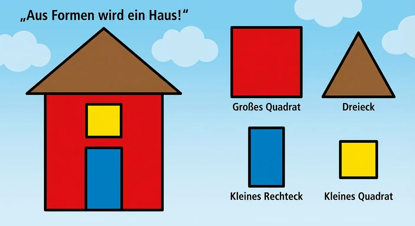 Zeige ein einfaches Haus aus Grundformen.

**Aufbau:**
- Ein Haus bestehend aus:
  - Großes Quadrat (Hauswand) - rot
  - Dreieck oben (Dach) - braun
  - Kleines Rechteck (Tür) - blau
  - Kleines Quadrat (Fenster) - gelb
- Daneben die einzelnen Formen separat mit Beschriftung

**Gestaltung:**
- Klare Trennung der Formen durch Farben
- Einfaches, kindgerechtes Design
- Große lesbare Beschriftungen
- Text: „Aus Formen wird ein Haus!“