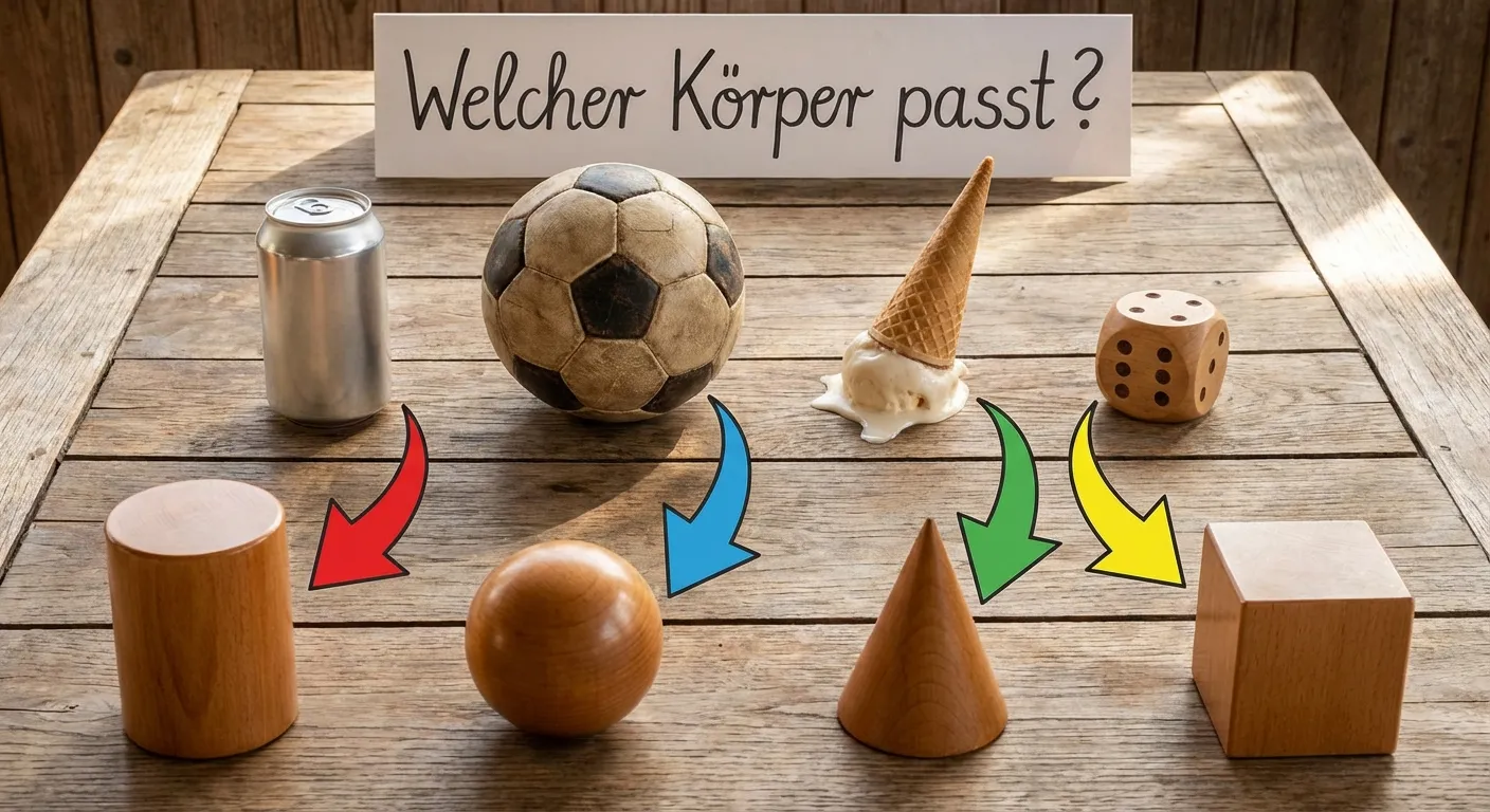 Zeige Alltagsgegenstände neben geometrischen Körpern.

**Aufbau in zwei Reihen:**
Reihe 1 (Gegenstände): Dose, Fußball, Eistüte, Spielwürfel
Reihe 2 (Körper): Zylinder, Kugel, Kegel, Würfel
Pfeile verbinden die passenden Paare
Überschrift: „Welcher Körper passt?“

**Gestaltung:**
- Realistische Gegenstände oben
- Geometrische Körper unten
- Farbige Verbindungspfeile
- Klare, übersichtliche Darstellung
