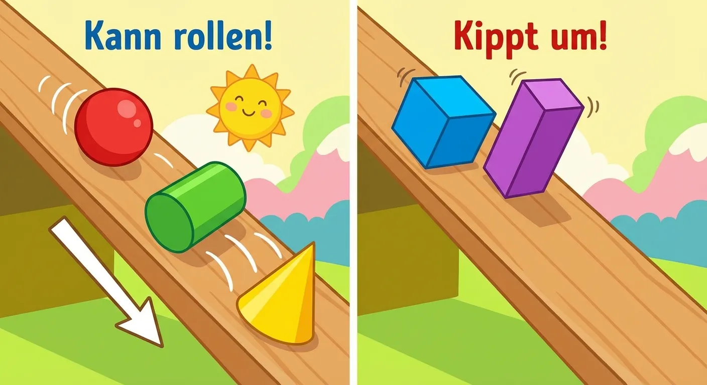 Zeige Körper sortiert nach Rollen/Kippen.

**Aufbau:**
- Links: Überschrift „Kann rollen!“ mit Kugel, Zylinder, Kegel
- Rechts: Überschrift „Kippt um!“ mit Würfel und Quader
- Pfeil nach unten bei rollenden Körpern
- Körper auf einer schiefen Ebene

**Gestaltung:**
- Einfache, klare Darstellung
- Bewegungslinien bei rollenden Körpern
- Bunte Farben
- Kinderfreundlicher Stil