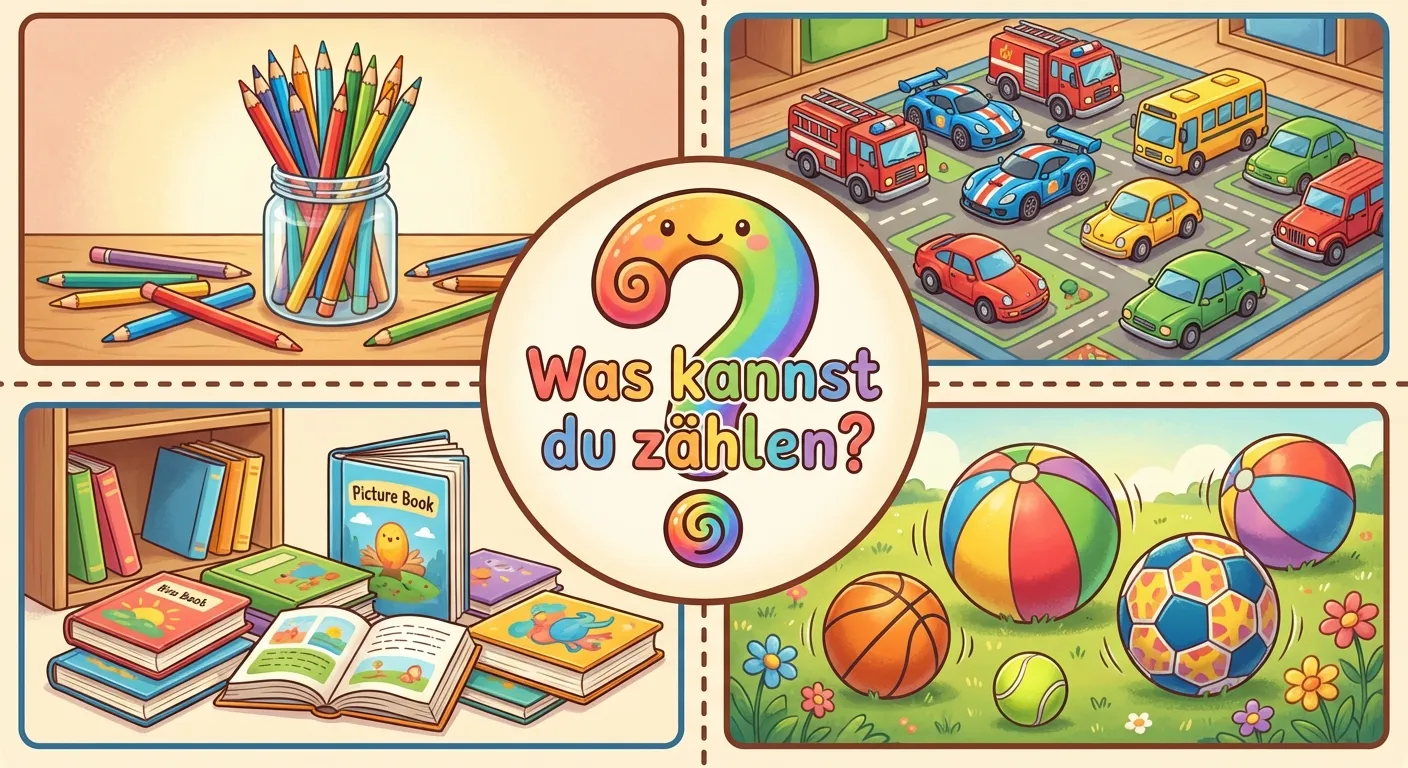 Erstelle eine bunte Übersicht mit Ideen zum Daten sammeln.

**Aufbau:**
- 4 kleine Szenen in einem Bild
- Links oben: Buntstifte in verschiedenen Farben
- Rechts oben: Spielzeugautos
- Links unten: Bücher
- Rechts unten: Bälle
- In der Mitte: Fragezeichen mit Text „Was kannst du zählen?“

**Gestaltung:**
- Bunte, vielfältige Objekte
- Klar getrennte Bereiche
- Großes Fragezeichen in der Mitte
- Fröhlicher, einladender Stil