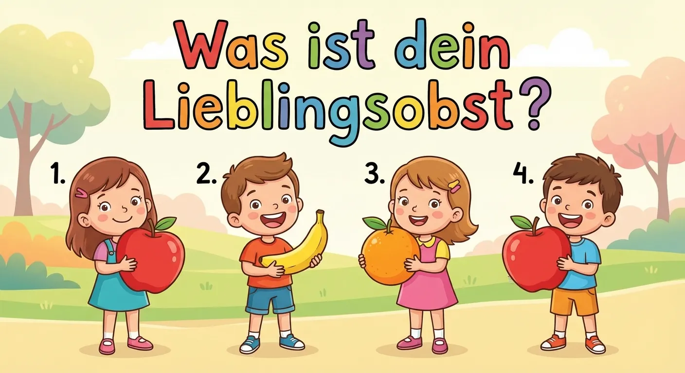 Erstelle eine fröhliche Illustration von Kindern mit Obst.

**Aufbau:**
- 4 Kinder nebeneinander
- Kind 1: hält einen roten Apfel
- Kind 2: hält eine gelbe Banane
- Kind 3: hält eine orange Orange
- Kind 4: hält einen roten Apfel
- Überschrift: „Was ist dein Lieblingsobst?“

**Gestaltung:**
- Fröhliche, bunte Cartoon-Kinder
- Klar erkennbares Obst
- Große, lesbare Überschrift
- Heller, freundlicher Hintergrund