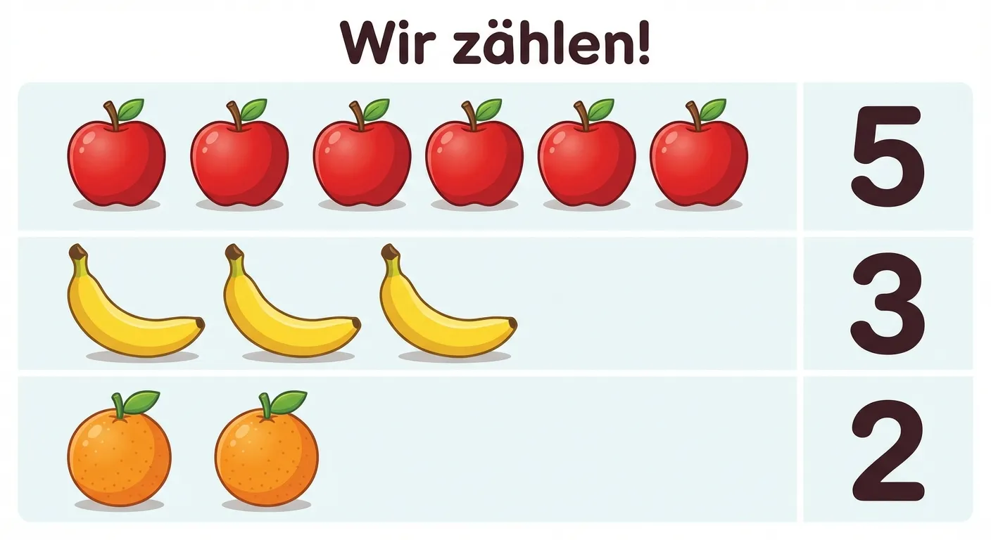 Erstelle eine übersichtliche Darstellung von sortiertem Obst.

**Aufbau:**
- 3 Reihen übereinander
- Reihe 1: 5 rote Äpfel in einer Reihe, daneben die Zahl „5“
- Reihe 2: 3 gelbe Bananen in einer Reihe, daneben die Zahl „3“
- Reihe 3: 2 orange Orangen in einer Reihe, daneben die Zahl „2“
- Überschrift: „Wir zählen!“

**Gestaltung:**
- Klar getrennte Reihen
- Große, deutliche Zahlen
- Buntes, fröhliches Obst
- Einfaches, übersichtliches Layout