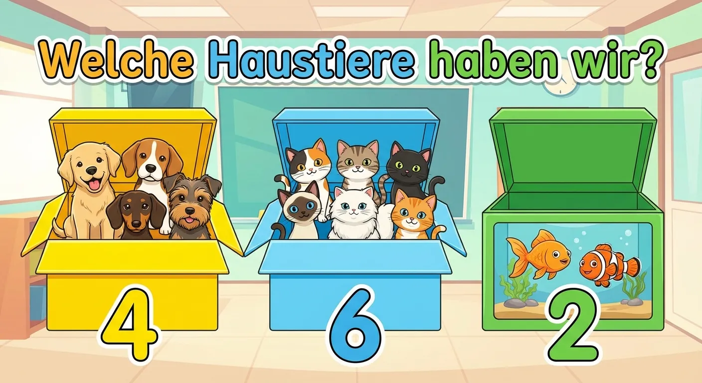 Erstelle eine Darstellung von sortierten Haustieren.

**Aufbau:**
- 3 Gruppen nebeneinander in bunten Boxen
- Links: 4 Hunde in einer gelben Box, Zahl „4“ darunter
- Mitte: 6 Katzen in einer blauen Box, Zahl „6“ darunter
- Rechts: 2 Fische in einer grünen Box, Zahl „2“ darunter
- Überschrift: „Welche Haustiere haben wir?“

**Gestaltung:**
- Niedliche Cartoon-Tiere
- Farbige Boxen zur Gruppierung
- Große, klar lesbare Zahlen
- Kinderfreundlicher Stil für 1. Klasse