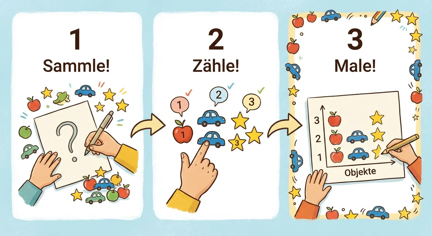 Erstelle eine Schritt-für-Schritt-Anleitung für ein Bilddiagramm.

**Aufbau:**
- 3 Schritte von links nach rechts:
- Schritt 1: „Sammle!“ - Bild zeigt Stift und Papier mit Fragezeichen
- Schritt 2: „Zähle!“ - Bild zeigt Hand die Objekte zählt (1, 2, 3)
- Schritt 3: „Male!“ - Bild zeigt fertiges kleines Diagramm

**Gestaltung:**
- Klare Nummerierung 1, 2, 3
- Einfache, fröhliche Illustrationen
- Pfeile zwischen den Schritten
- Kinderfreundliche Farben