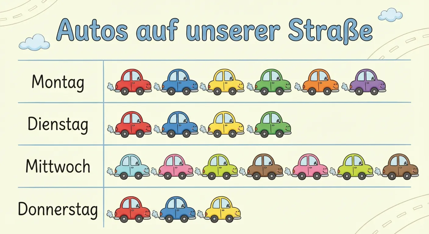 Erstelle ein Bilddiagramm mit Autos für jeden Wochentag.

**Aufbau:**
- Titel: „Autos auf unserer Straße“
- 4 Reihen:
  - Montag: 🚗🚗🚗🚗🚗🚗 (6 Autos)
  - Dienstag: 🚗🚗🚗🚗 (4 Autos)
  - Mittwoch: 🚗🚗🚗🚗🚗🚗🚗🚗 (8 Autos)
  - Donnerstag: 🚗🚗🚗 (3 Autos)
- Links steht der Wochentag

**Gestaltung:**
- Kleine bunte Autos in Reihen
- Klar lesbare Wochentage
- Ordentliches, übersichtliches Layout
- Kinderfreundlicher Cartoon-Stil