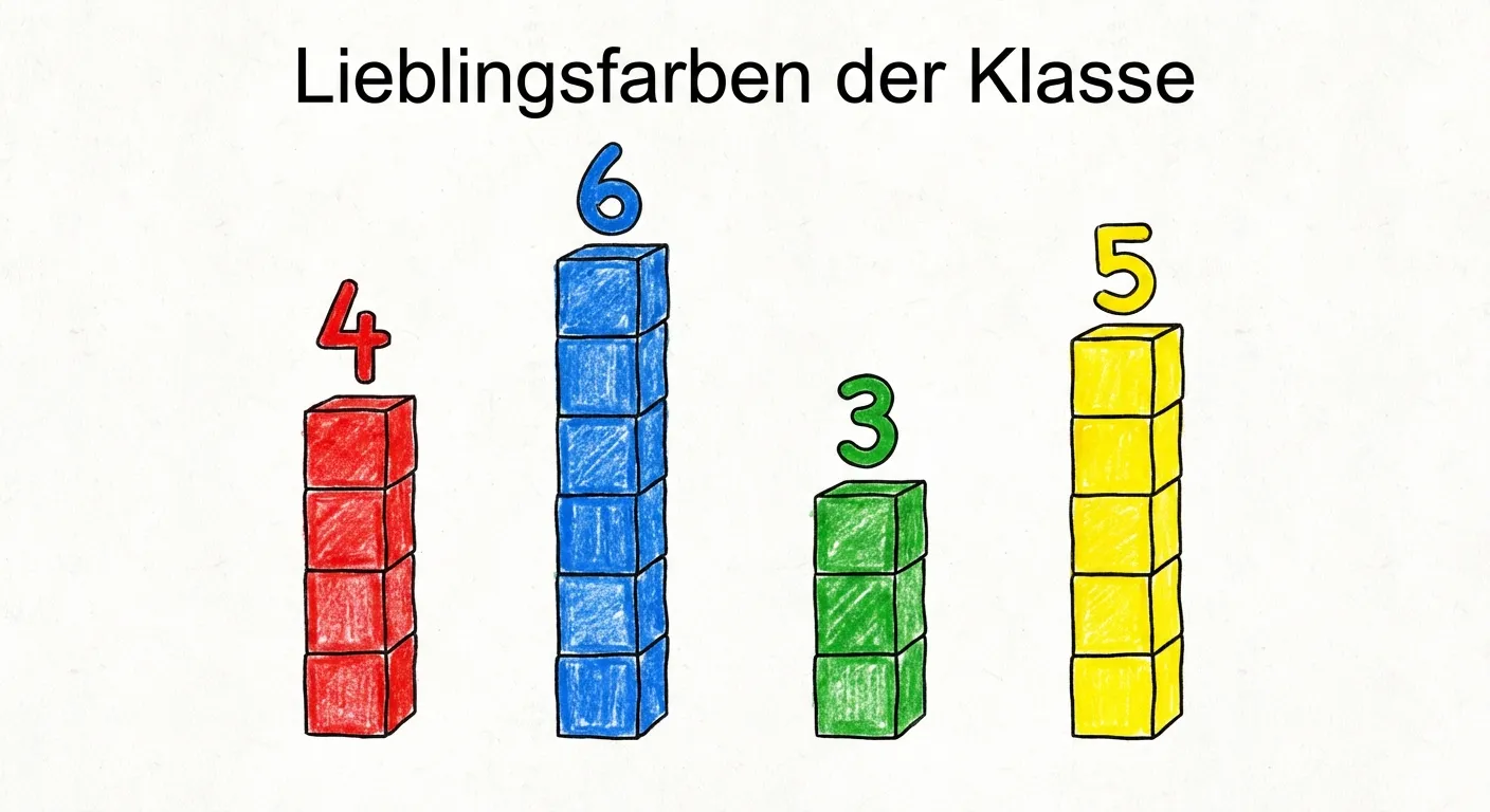 Erstelle ein farbenfrohes Säulendiagramm.

**Aufbau:**
- Titel: „Lieblingsfarben der Klasse“
- 4 Säulen nebeneinander:
  - Rote Säule mit 4 Kästchen (Rot)
  - Blaue Säule mit 6 Kästchen (Blau)
  - Grüne Säule mit 3 Kästchen (Grün)
  - Gelbe Säule mit 5 Kästchen (Gelb)
- Zahlen über jeder Säule: 4, 6, 3, 5

**Gestaltung:**
- Kräftige, klare Farben
- Große Zahlen über den Säulen
- Einfache Kästchen
- Übersichtliches Layout