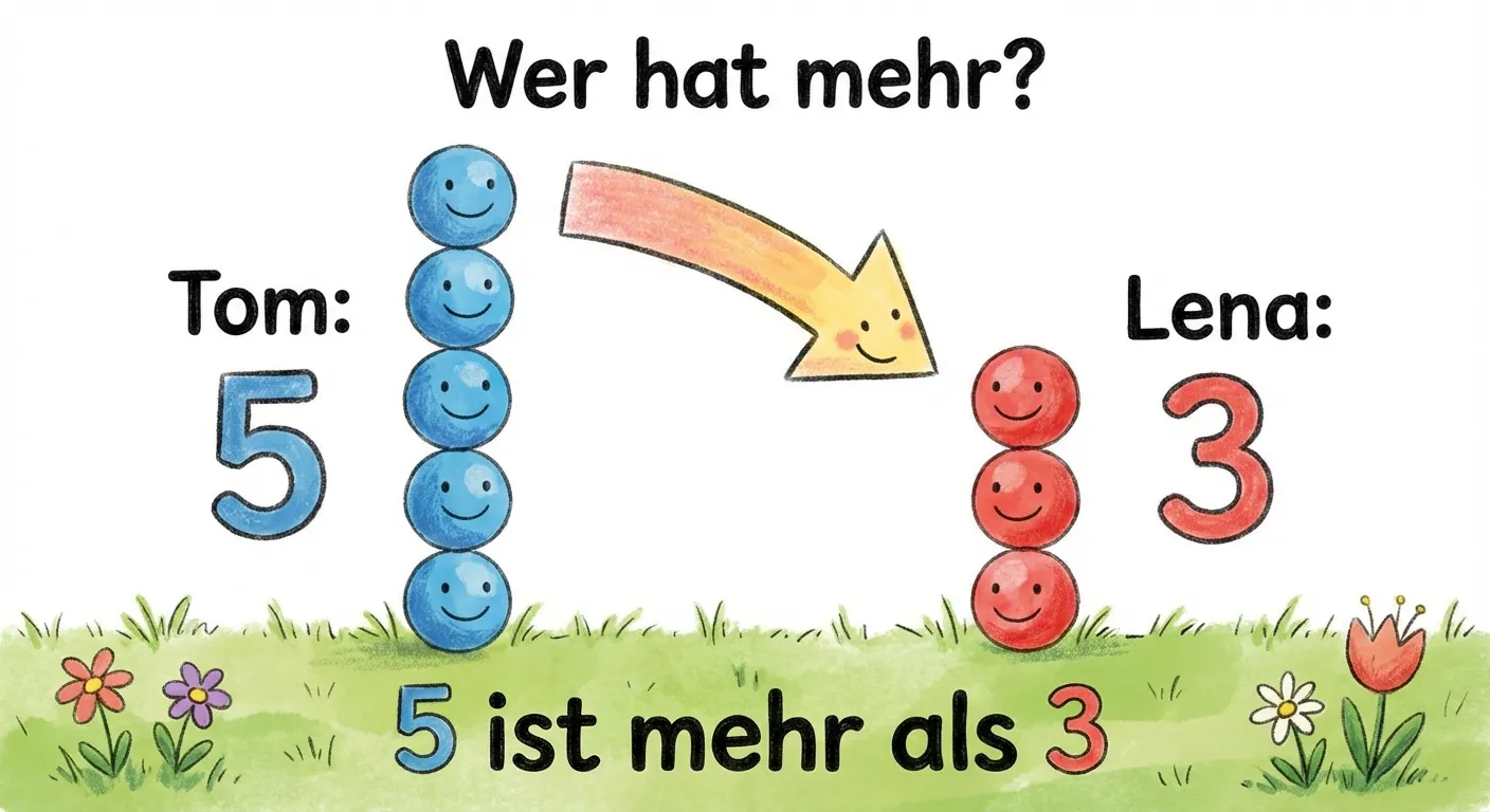 Erstelle ein Vergleichsdiagramm für Kinder.

**Aufbau:**
- Titel: „Wer hat mehr?“
- 2 Reihen nebeneinander:
  - Links: 5 blaue Bälle in einer Säule, Beschriftung „Tom: 5“
  - Rechts: 3 rote Bälle in einer Säule, Beschriftung „Lena: 3“
- Ein Pfeil zeigt von der höheren zur niedrigeren Säule
- Text darunter: „5 ist mehr als 3“

**Gestaltung:**
- Klar unterschiedliche Säulen (blau und rot)
- Große Zahlen
- Einfacher Vergleichspfeil
- Kindgerechter Stil