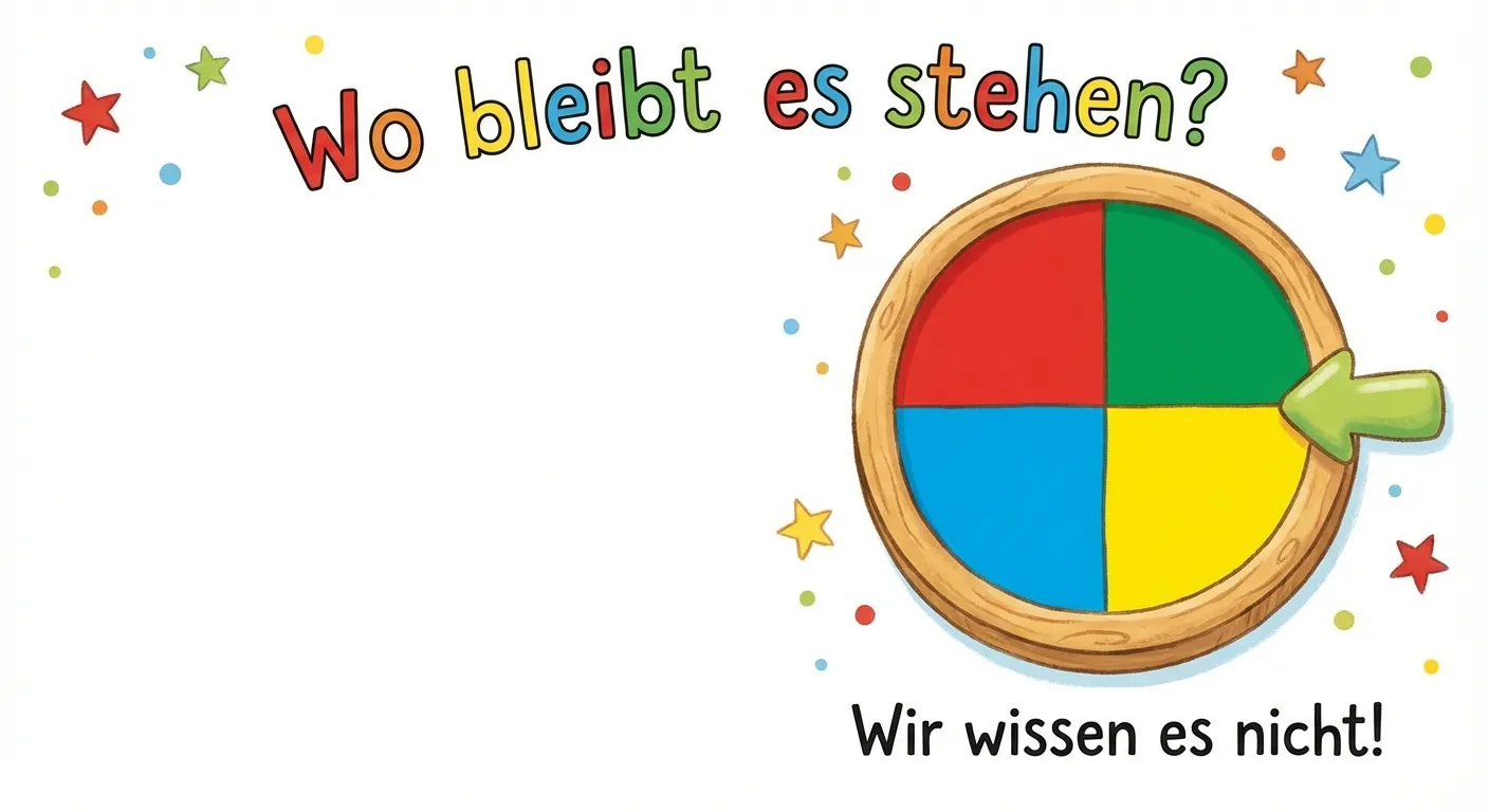 Erstelle ein einfaches Glücksrad für Kinder.

**Aufbau:**
- Ein rundes Glücksrad mit 4 gleich großen Teilen
- Die Teile in 4 Farben: Rot, Blau, Gelb, Grün
- Ein Pfeil zeigt auf einen Teil
- Überschrift: „Wo bleibt es stehen?“
- Darunter: „Wir wissen es nicht!“

**Gestaltung:**
- Kräftige, klare Farben
- Einfaches, rundes Rad
- Deutlicher Zeigerpfeil
- Fröhlicher, spielerischer Stil
