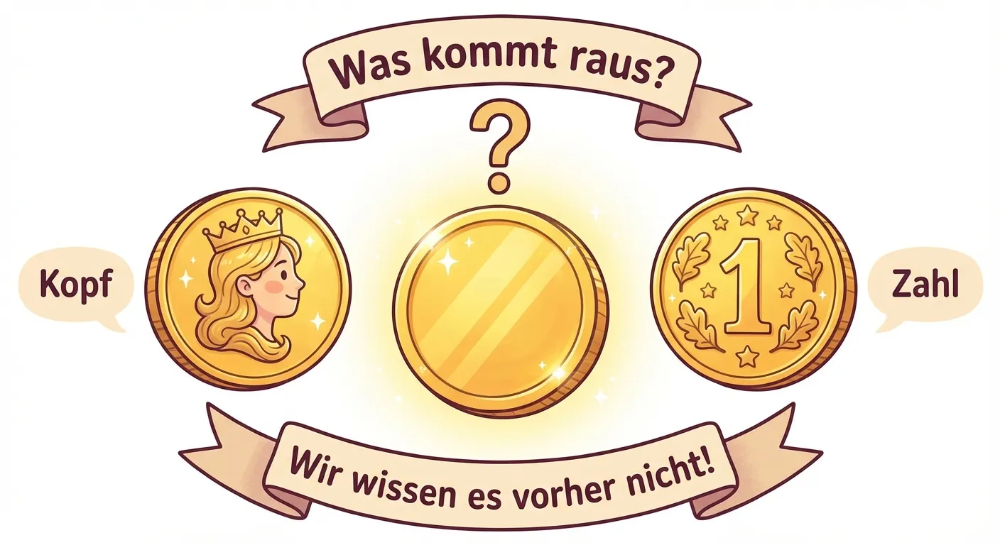 Erstelle eine Darstellung einer Münze mit beiden Seiten.

**Aufbau:**
- Eine große Münze in der Mitte
- Links daneben: die Kopf-Seite (mit Kopfbild), Beschriftung „Kopf“
- Rechts daneben: die Zahl-Seite (mit Zahl 1), Beschriftung „Zahl“
- Oben: „Was kommt raus?“
- Unten: „Wir wissen es vorher nicht!“

**Gestaltung:**
- Große, goldene Münze
- Klar erkennbare beide Seiten
- Fragezeichen über der Münze
- Kinderfreundlicher Stil