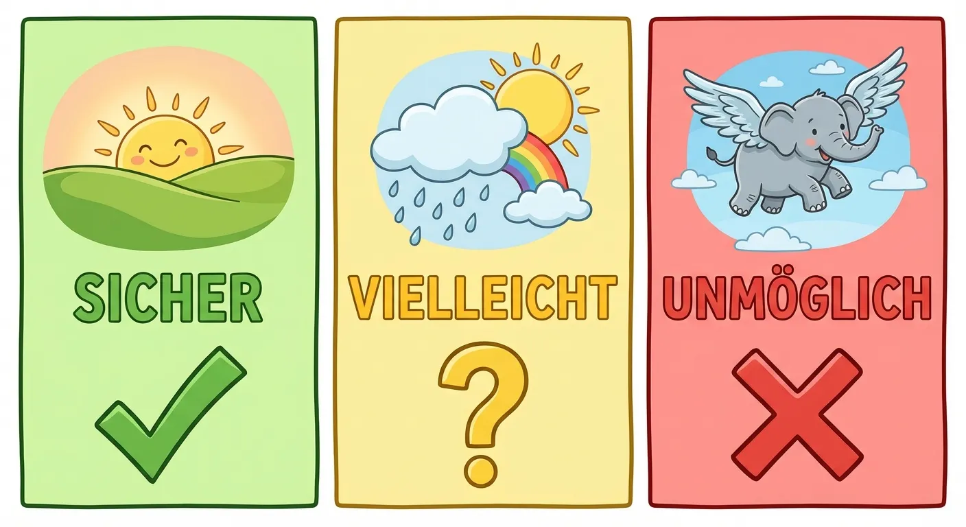 Erstelle eine Übersicht mit drei Kategorien.

**Aufbau:**
- 3 Boxen nebeneinander:
- Box 1 (grün): Sonne geht auf - Text „SICHER“ mit grünem Haken
- Box 2 (gelb): Wolken mit Regen und Sonne - Text „VIELLEICHT“ mit Fragezeichen
- Box 3 (rot): Fliegender Elefant - Text „UNMÖGLICH“ mit rotem X

**Gestaltung:**
- Klare Farbcodierung (grün, gelb, rot)
- Einfache, kindgerechte Bilder
- Große, lesbare Wörter
- Cartoon-Stil für 1. Klasse