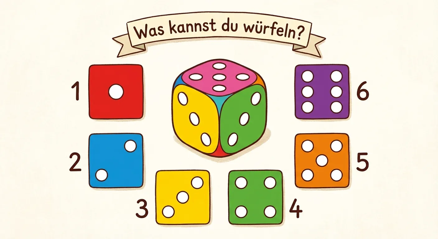 Erstelle eine Darstellung eines Würfels mit allen Seiten.

**Aufbau:**
- Ein großer bunter Würfel in der Mitte
- Darum herum die 6 Seiten aufgeklappt:
  - ⚀ = 1 Punkt
  - ⚁ = 2 Punkte
  - ⚂ = 3 Punkte
  - ⚃ = 4 Punkte
  - ⚄ = 5 Punkte
  - ⚅ = 6 Punkte
- Überschrift: „Was kannst du würfeln?“

**Gestaltung:**
- Bunter, fröhlicher Spielwürfel
- Klar erkennbare Punkte
- Zahlen neben den Würfelbildern
- Kinderfreundliches Design