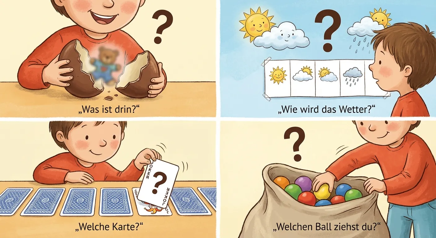 Erstelle eine Übersicht mit Zufallsbeispielen aus dem Kinderalltag.

**Aufbau:**
- 4 kleine Szenen:
- Szene 1: Kind öffnet Überraschungsei - „Was ist drin?“
- Szene 2: Wetterkarte mit Wolken - „Wie wird das Wetter?“
- Szene 3: Versteckte Karte wird aufgedeckt - „Welche Karte?“
- Szene 4: Bälle in einem Sack - „Welchen Ball ziehst du?“

**Gestaltung:**
- Fröhliche, bunte Alltagsszenen
- Fragezeichen bei jeder Szene
- Kinderfreundliche Illustrationen
- Übersichtliches 2x2 Layout