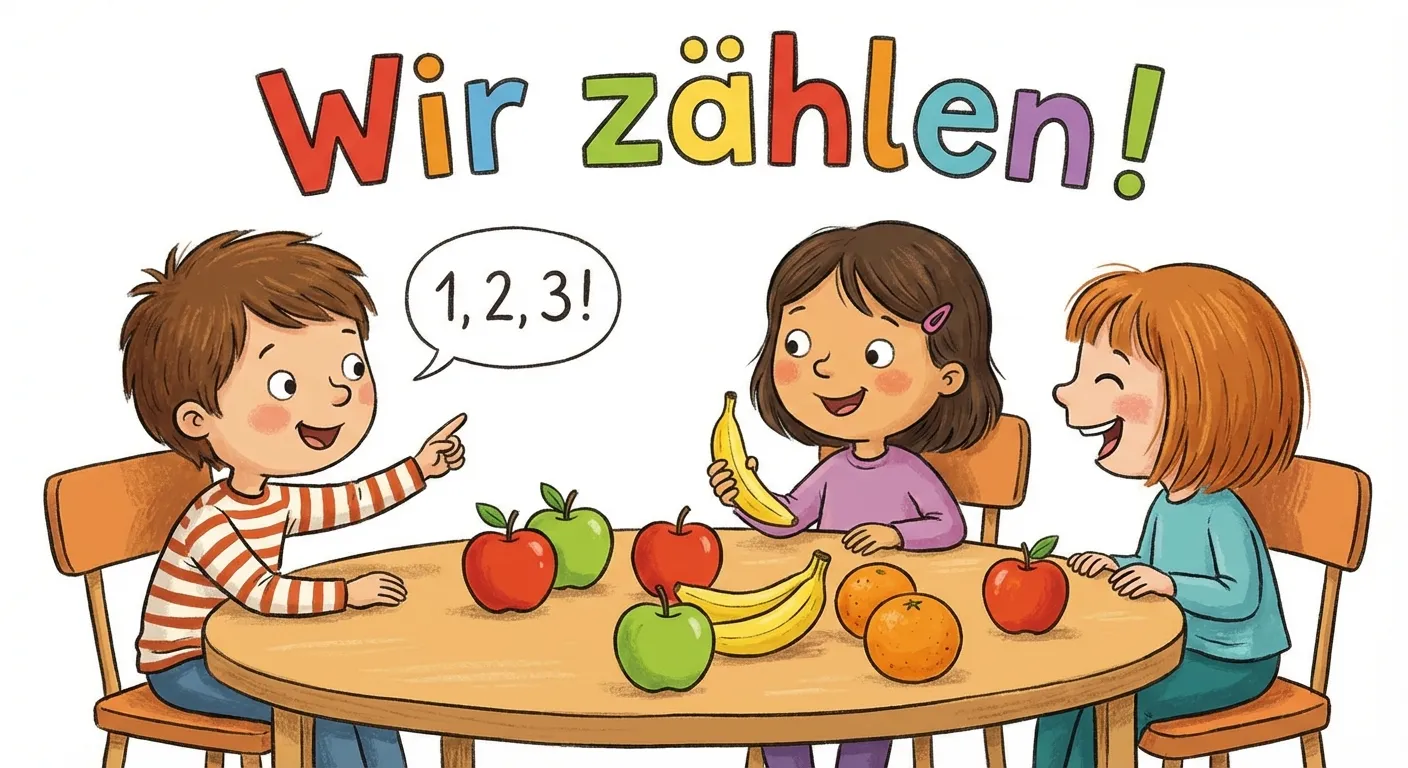 Erstelle eine fröhliche Illustration für Erstklässler.

**Aufbau:**
- 3-4 Kinder an einem Tisch
- Auf dem Tisch: verschiedenes Obst (Äpfel, Bananen, Orangen)
- Ein Kind zeigt mit dem Finger und zählt
- Überschrift: „Wir zählen!“

**Gestaltung:**
- Cartoon-Stil, bunt und freundlich
- Helle, warme Farben
- Große, klar erkennbare Früchte
- Fröhliche Kindergesichter
- Weißer Hintergrund