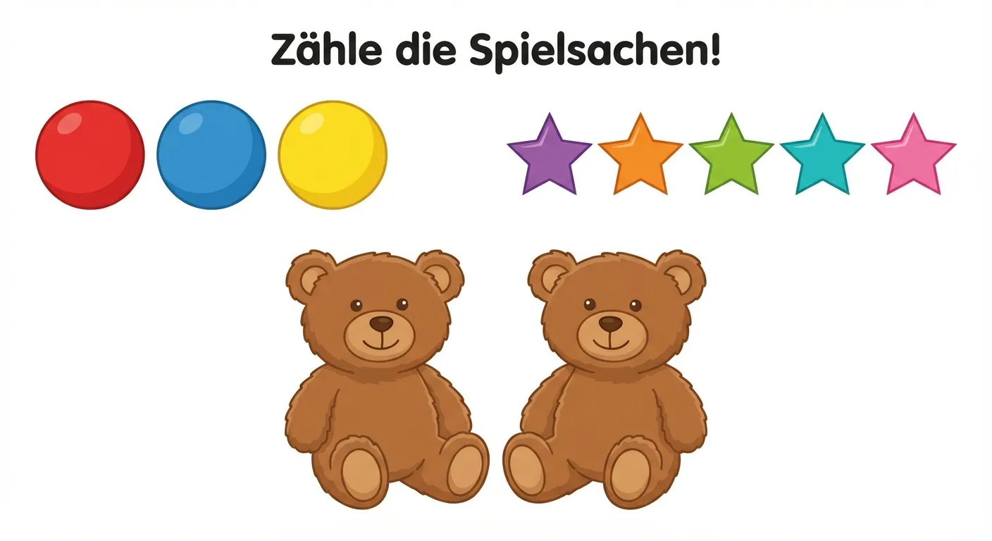 Zeige drei Gruppen von Spielsachen für Erstklässler.

**Layout:**
- Oben links: 3 bunte Bälle nebeneinander (rot, blau, gelb)
- Oben rechts: 5 bunte Sterne nebeneinander (verschiedene Farben)
- Unten Mitte: 2 braune Teddybären nebeneinander

**Beschriftung:**
Über dem Bild steht: 