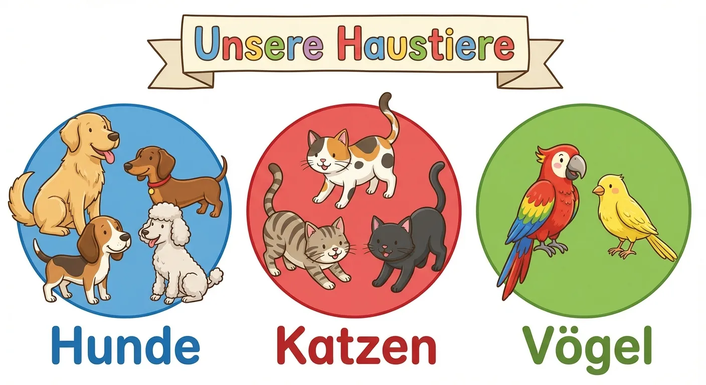 Erstelle eine Illustration die zeigt, wie man Dinge in Gruppen sortiert.

**Aufbau:**
- Links: 4 Hunde in einem Kreis mit Beschriftung „Hunde“
- Mitte: 3 Katzen in einem Kreis mit Beschriftung „Katzen“
- Rechts: 2 Vögel in einem Kreis mit Beschriftung „Vögel“
- Über allem: „Unsere Haustiere“

**Gestaltung:**
- Cartoon-Stil, kindgerecht
- Verschiedene Farben für jeden Kreis (blau, rot, grün)
- Große, klar lesbare Beschriftungen
- Freundliche Tierzeichnungen
- Übersichtliches Layout
