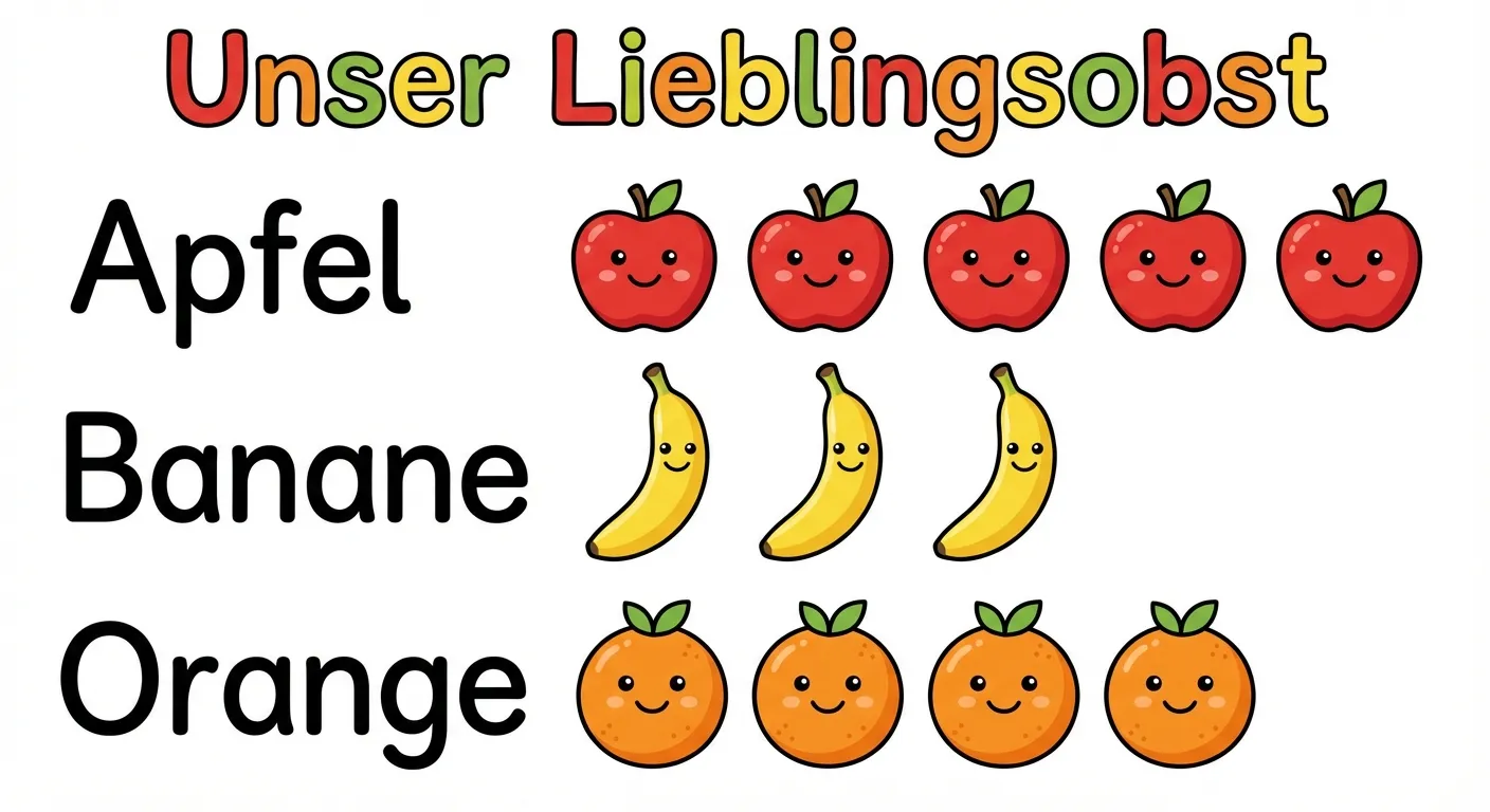 Erstelle ein einfaches Bilddiagramm für Erstklässler.

**Aufbau:**
- Überschrift: „Unser Lieblingsobst“
- Drei Zeilen übereinander:
  - Zeile 1: Beschriftung „Apfel“ links, dann 5 kleine Apfel-Symbole in einer Reihe
  - Zeile 2: Beschriftung „Banane“ links, dann 3 kleine Bananen-Symbole in einer Reihe
  - Zeile 3: Beschriftung „Orange“ links, dann 4 kleine Orangen-Symbole in einer Reihe

**Gestaltung:**
- Klare, übersichtliche Anordnung
- Bunte Frucht-Symbole
- Große, lesbare Beschriftungen
- Weißer Hintergrund
- Kindgerechter Cartoon-Stil